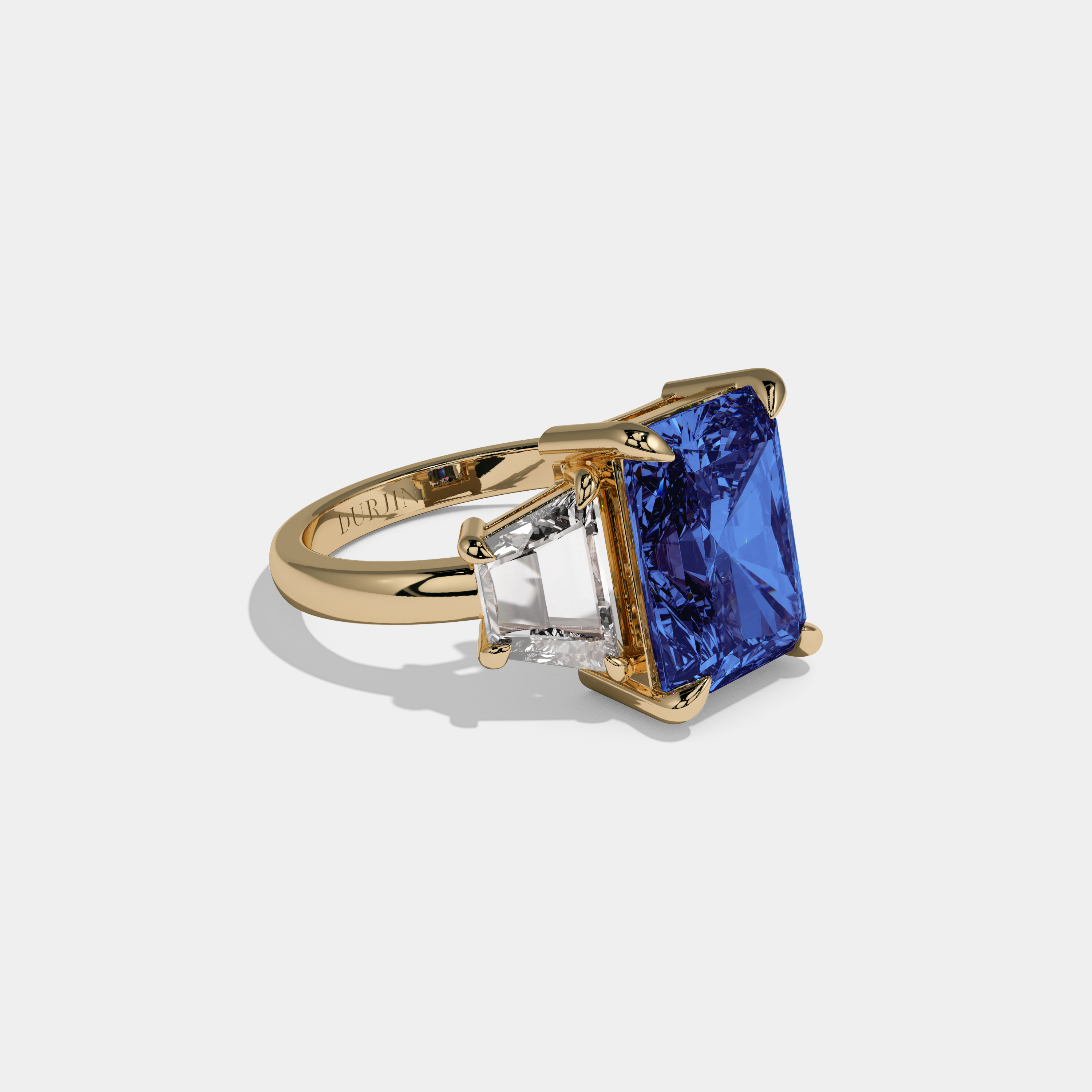 Caroline Fancy Dark Blue Radiant Cut Diamond Plain Band With Step Cut Sides Engagement Ring 8ct 18K Yellow Gold