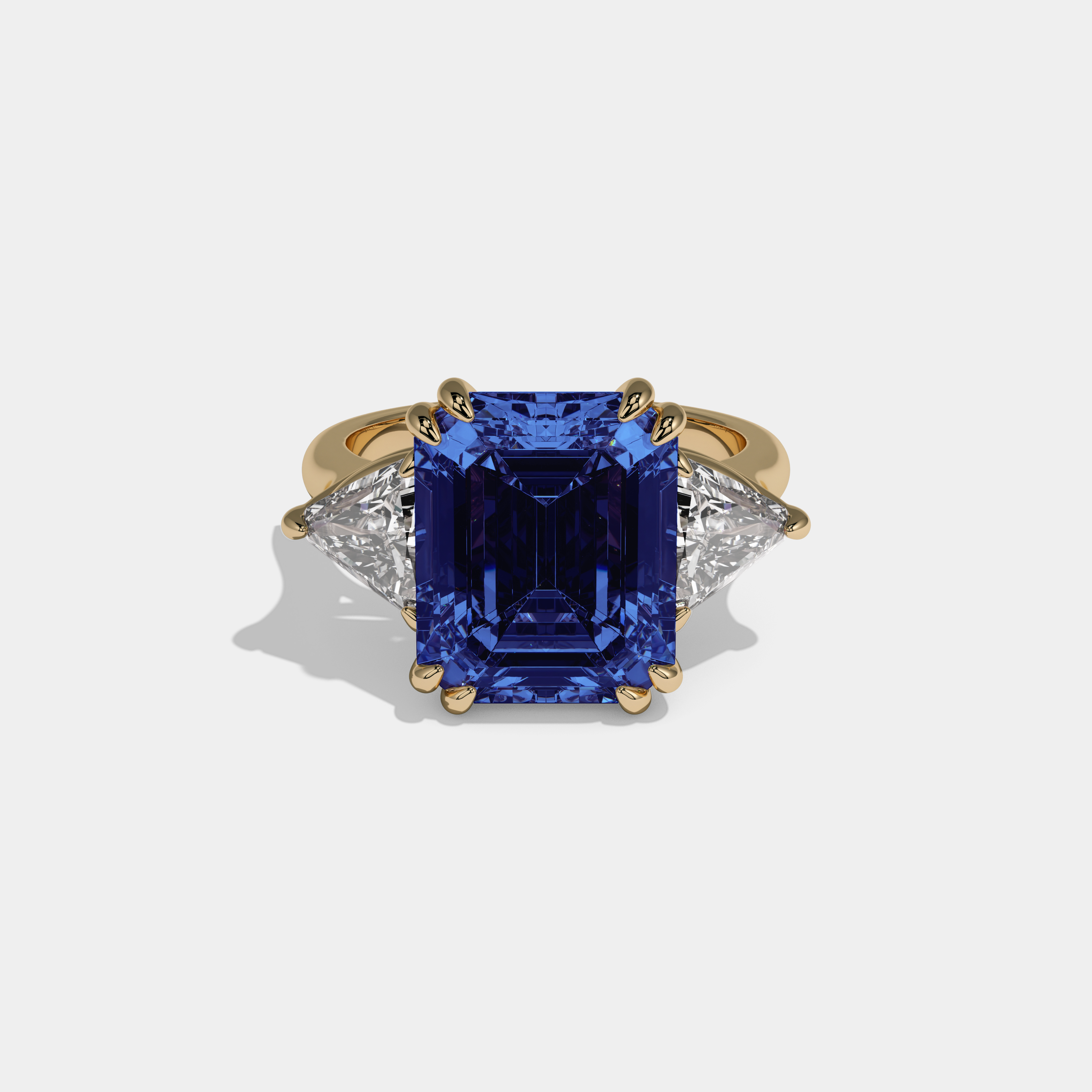 Caroline Fancy Dark Blue Emerald Cut Diamond Plain Band With Triangle Cuts Engagement Ring 6.5ct 18K Yellow Gold
