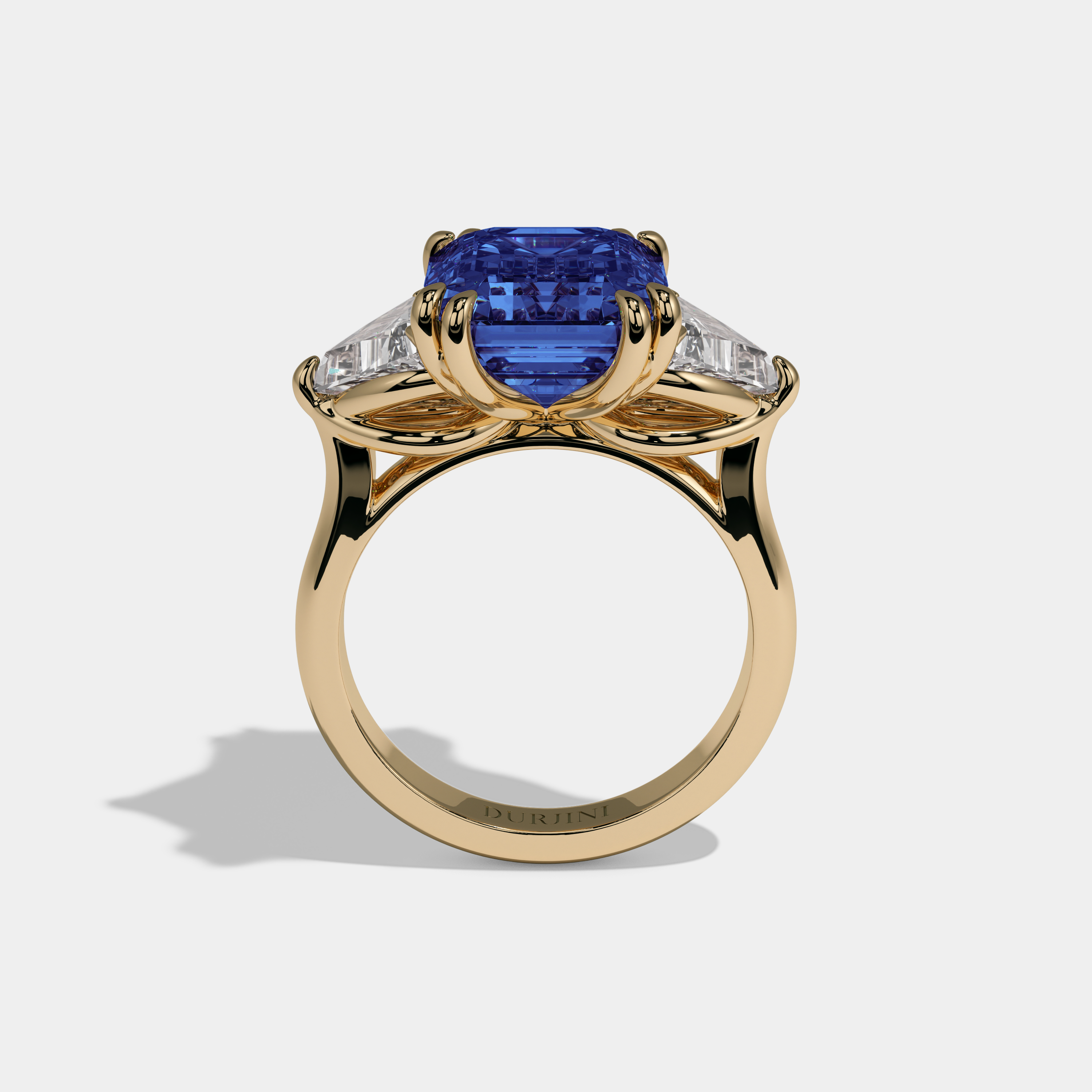 Caroline Fancy Dark Blue Emerald Cut Diamond Plain Band With Triangle Cuts Engagement Ring 6.5ct 18K Yellow Gold