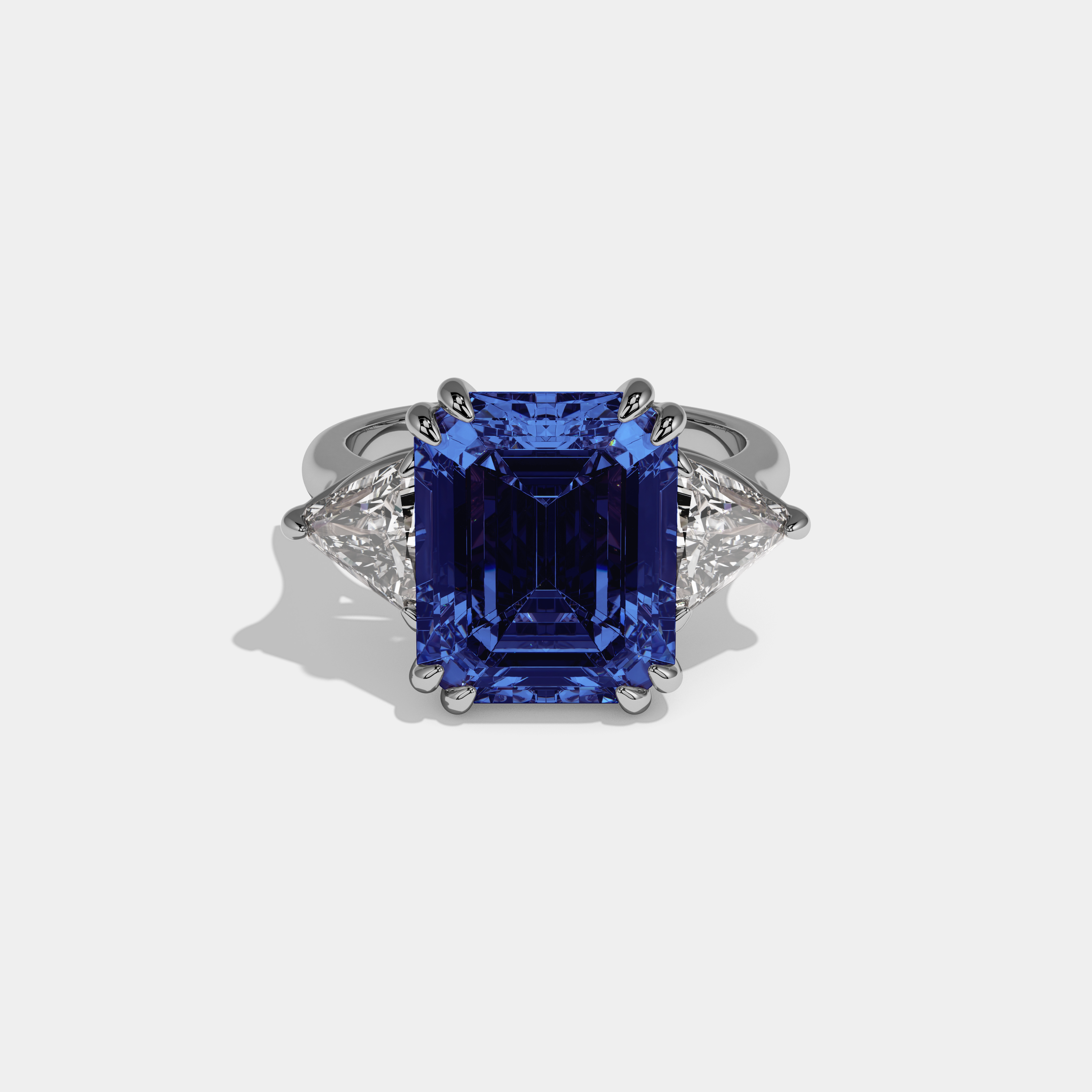 Elizabeth Fancy Dark Blue Emerald Cut Diamond Plain Band With Triangle Cuts Engagement Ring 6.5ct 18K White Gold