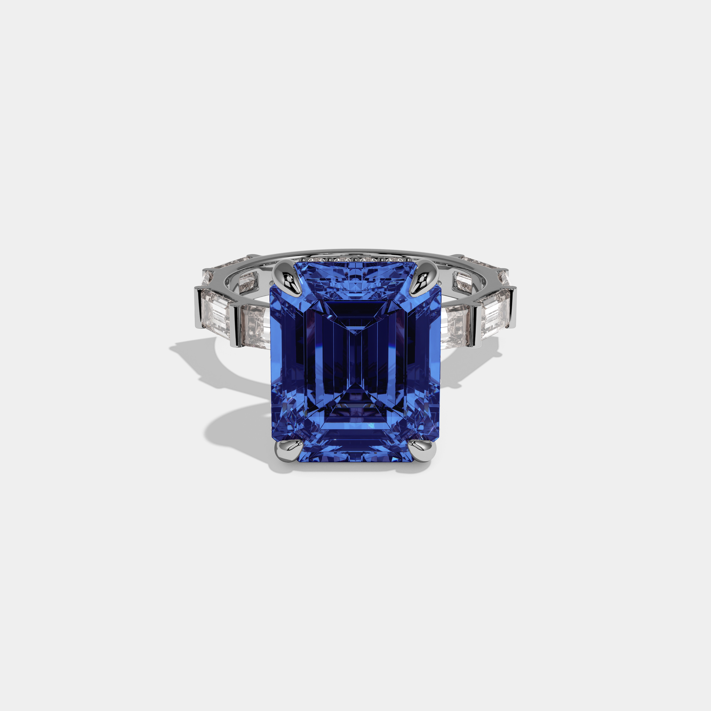 Elizabeth Fancy Dark Blue Emerald Cut Diamond Emerald Band Engagement Ring 7ct 18K White Gold
