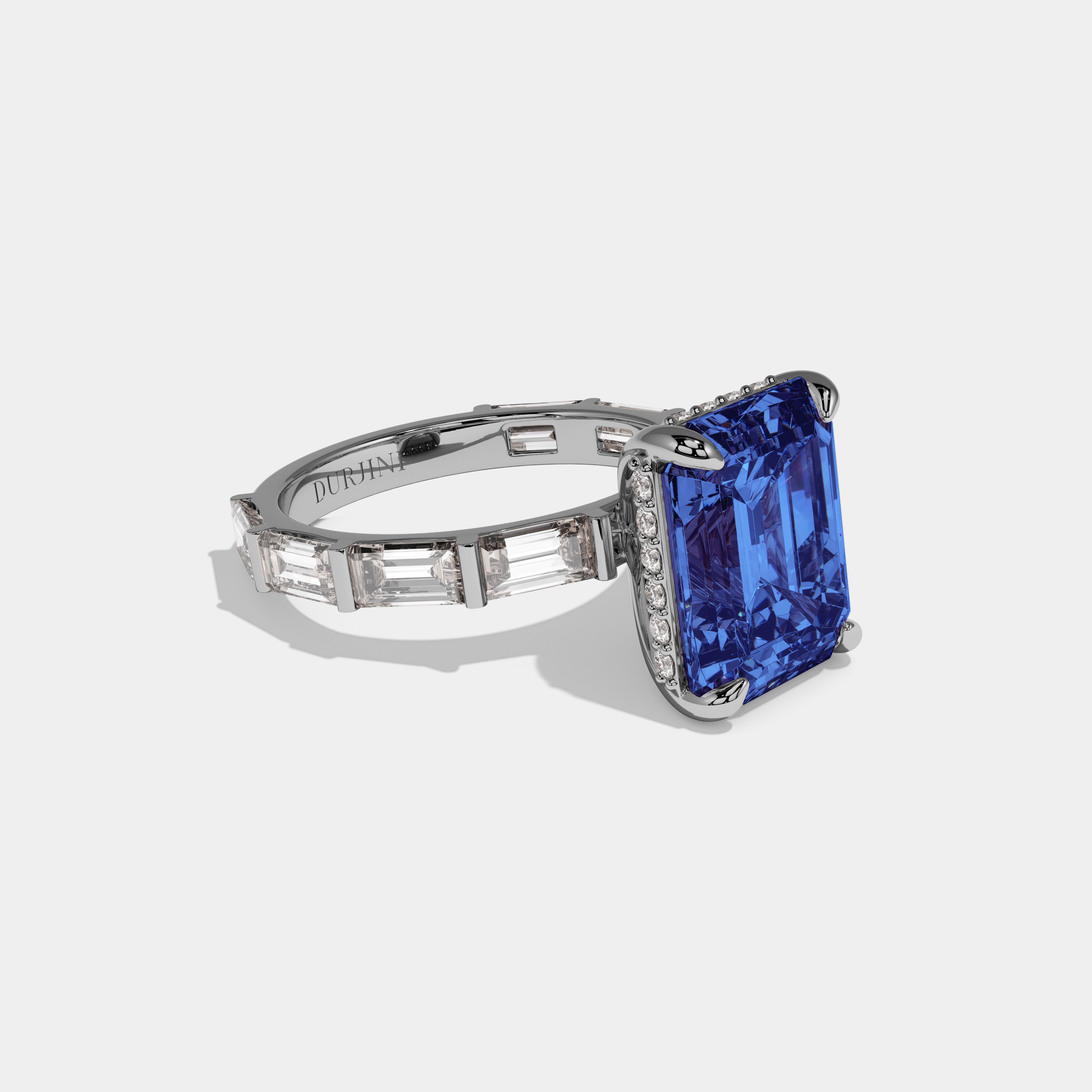 Elizabeth Fancy Dark Blue Emerald Cut Diamond Emerald Band Engagement Ring 7ct 18K White Gold