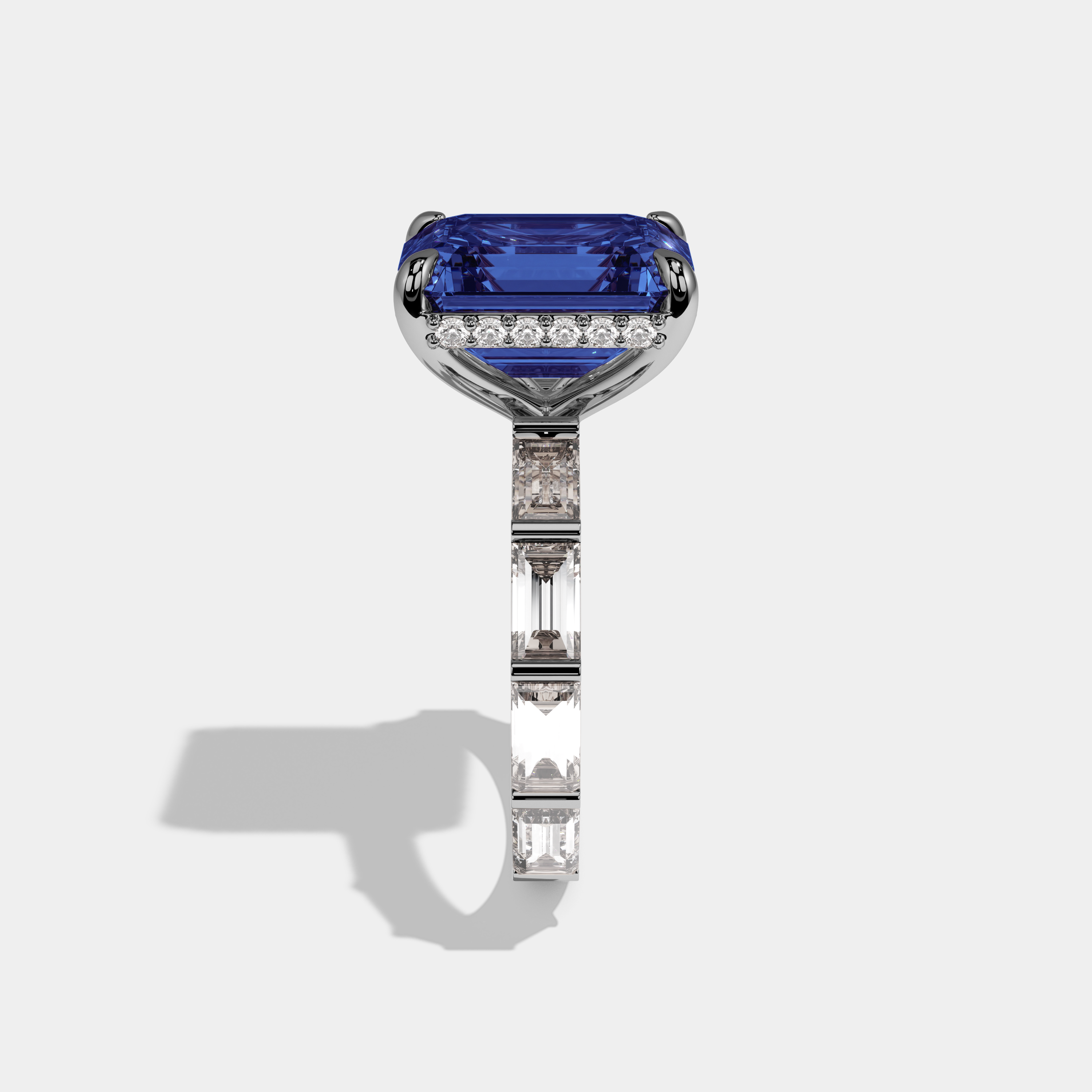 Elizabeth Fancy Dark Blue Emerald Cut Diamond Emerald Band Engagement Ring 7ct 18K White Gold