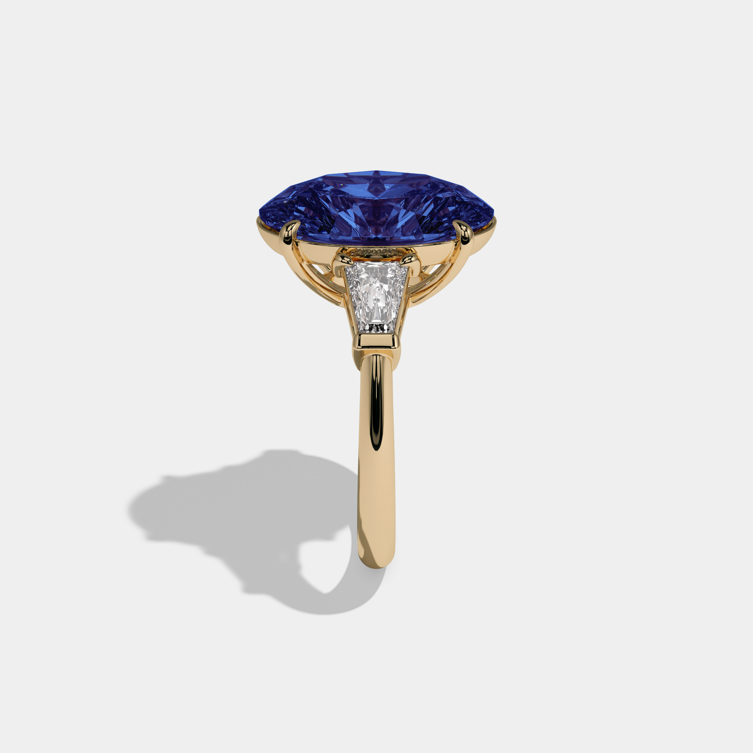 Caroline Fancy Dark Blue Oval Cut Diamond Plain Band With Tapered Baguette Cut Sides Engagement Ring 8ct 18K Yellow Gold