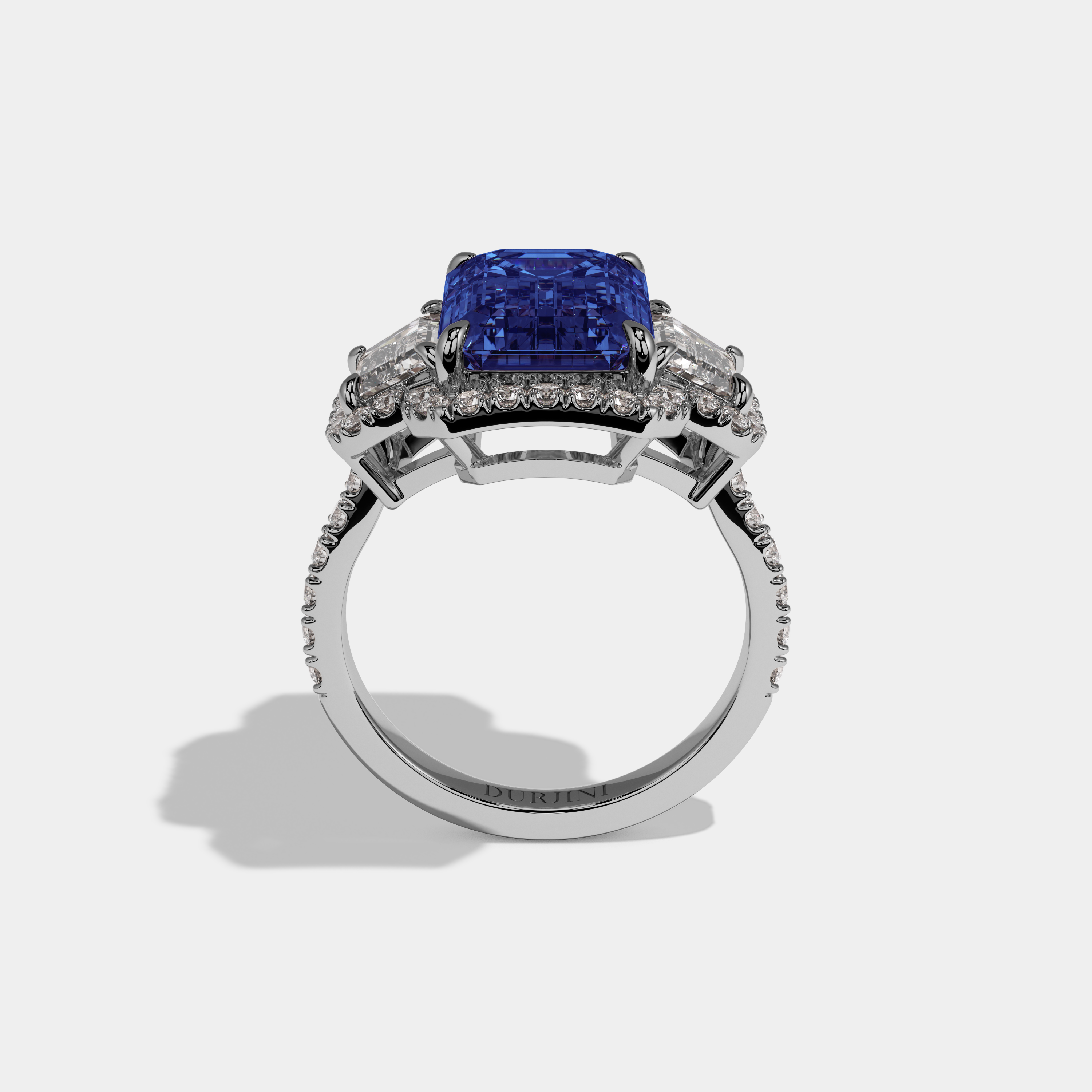 Catherine Fancy Dark Blue Emerald Cut Diamond Band With Halo Engagement Ring 8ct 18K White Gold