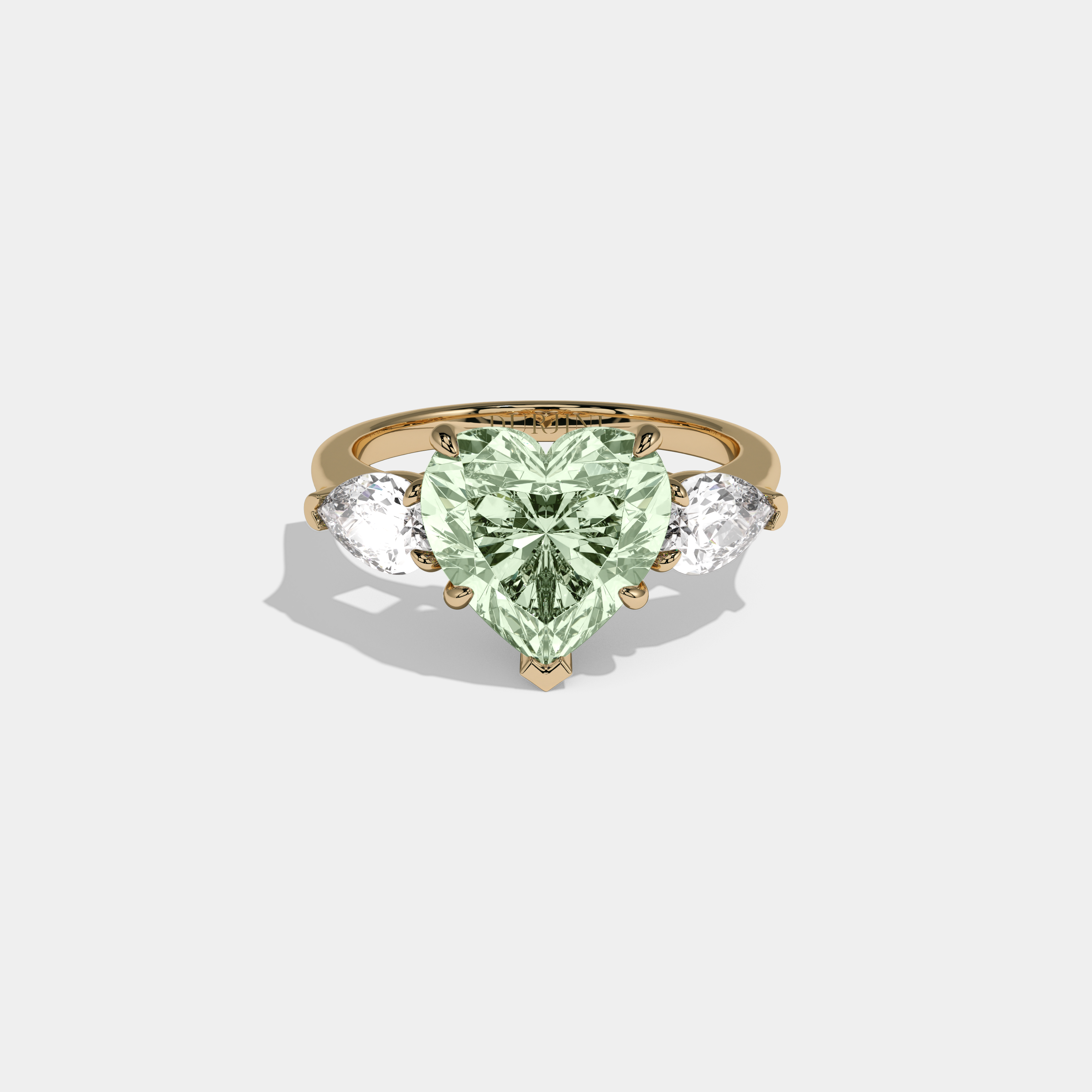 Adelaide Fancy Light Green Heart Cut Diamond Plain Band With Pear Cut Sides Engagement Ring 8ct 18K Yellow Gold
