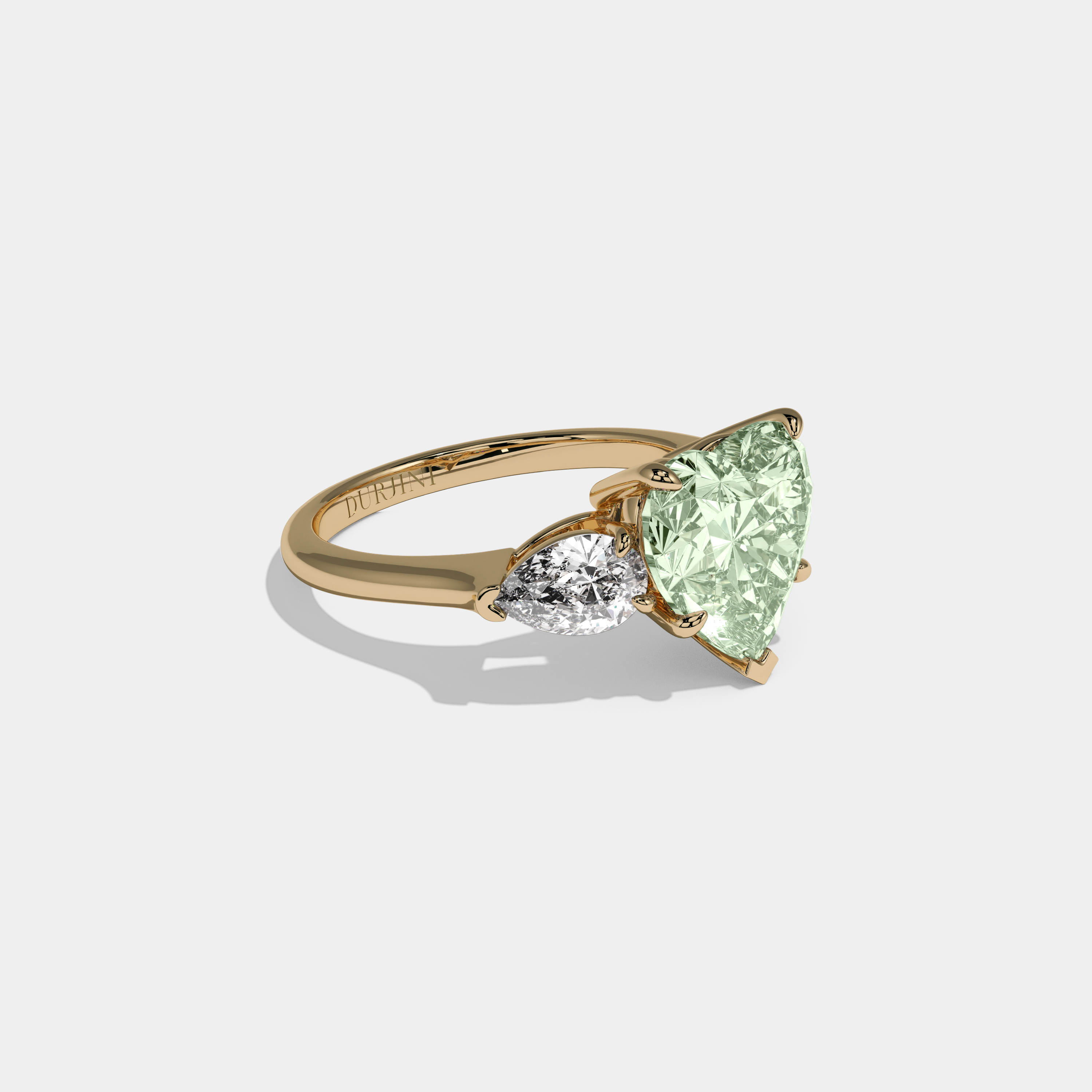 Adelaide Fancy Light Green Heart Cut Diamond Plain Band With Pear Cut Sides Engagement Ring 8ct 18K Yellow Gold