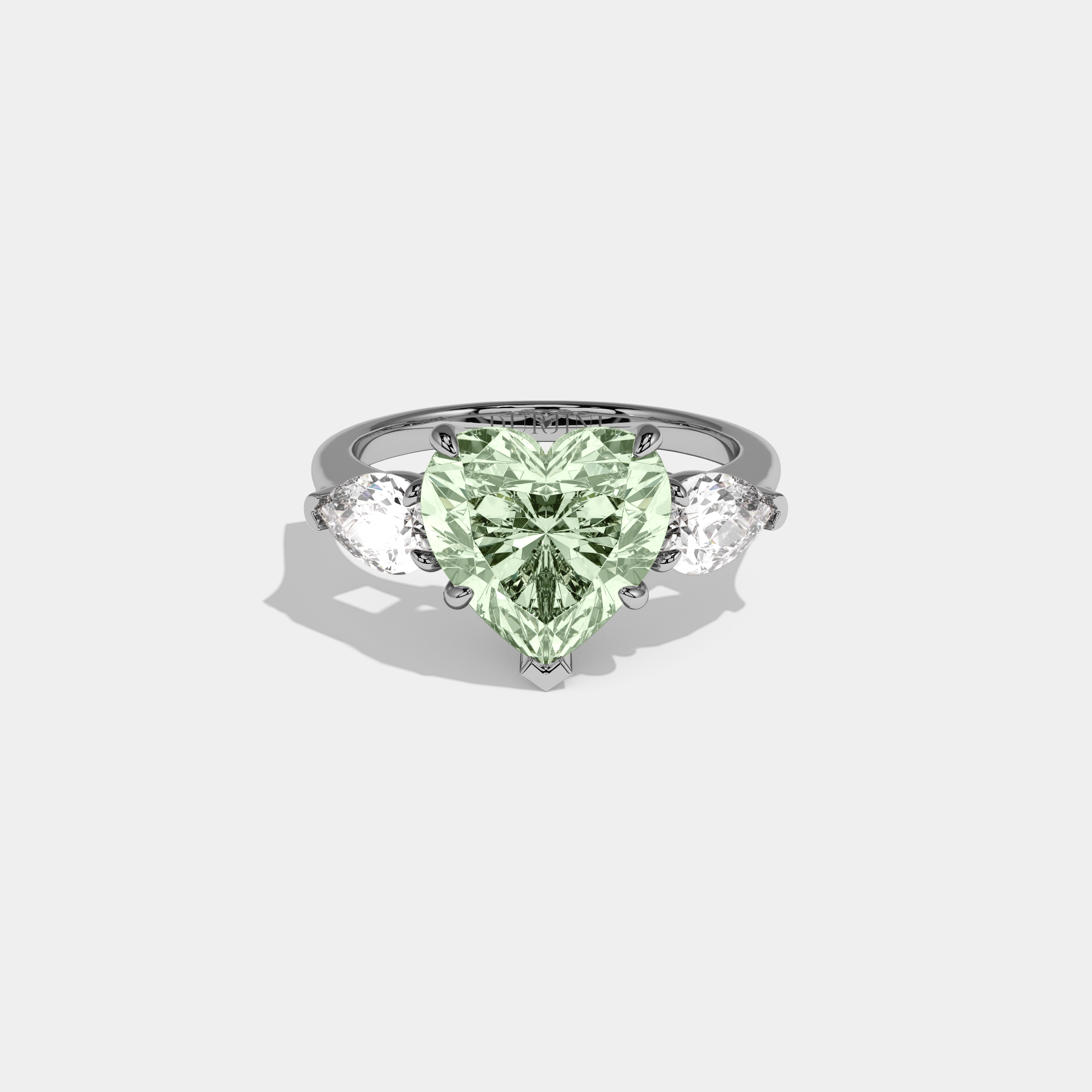 Alice Fancy Light Green Heart Cut Diamond Plain Band With Pear Cut Sides Engagement Ring 8ct 18K White Gold