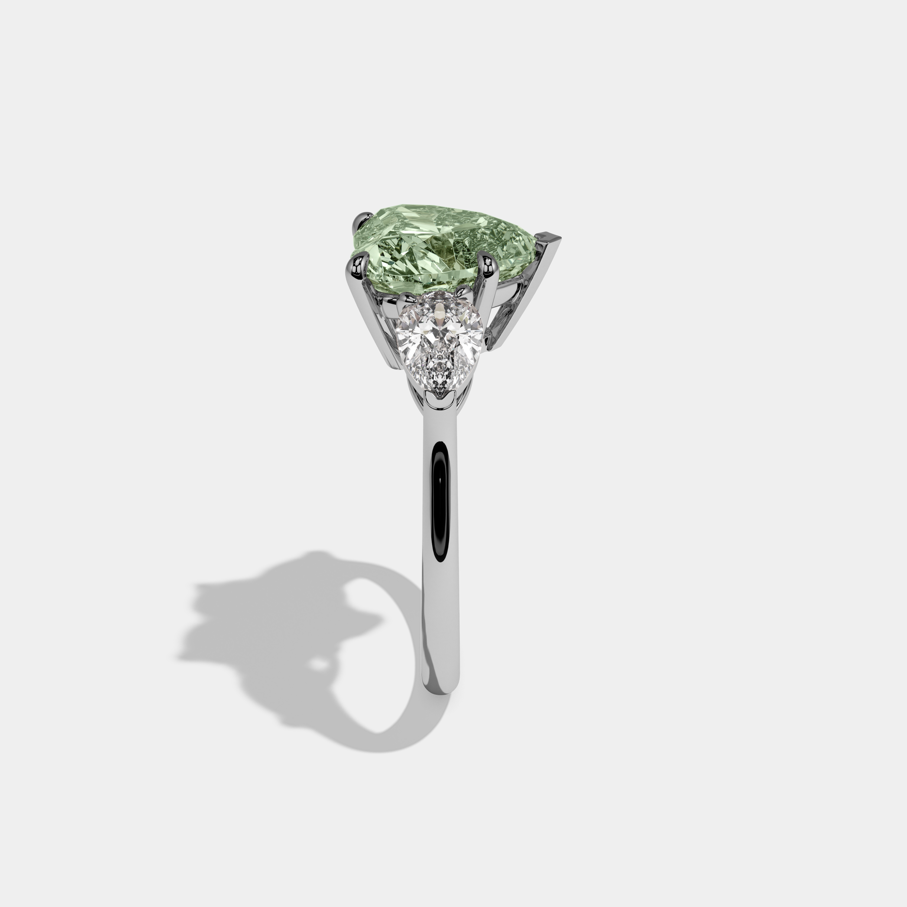 Alice Fancy Light Green Heart Cut Diamond Plain Band With Pear Cut Sides Engagement Ring 8ct 18K White Gold