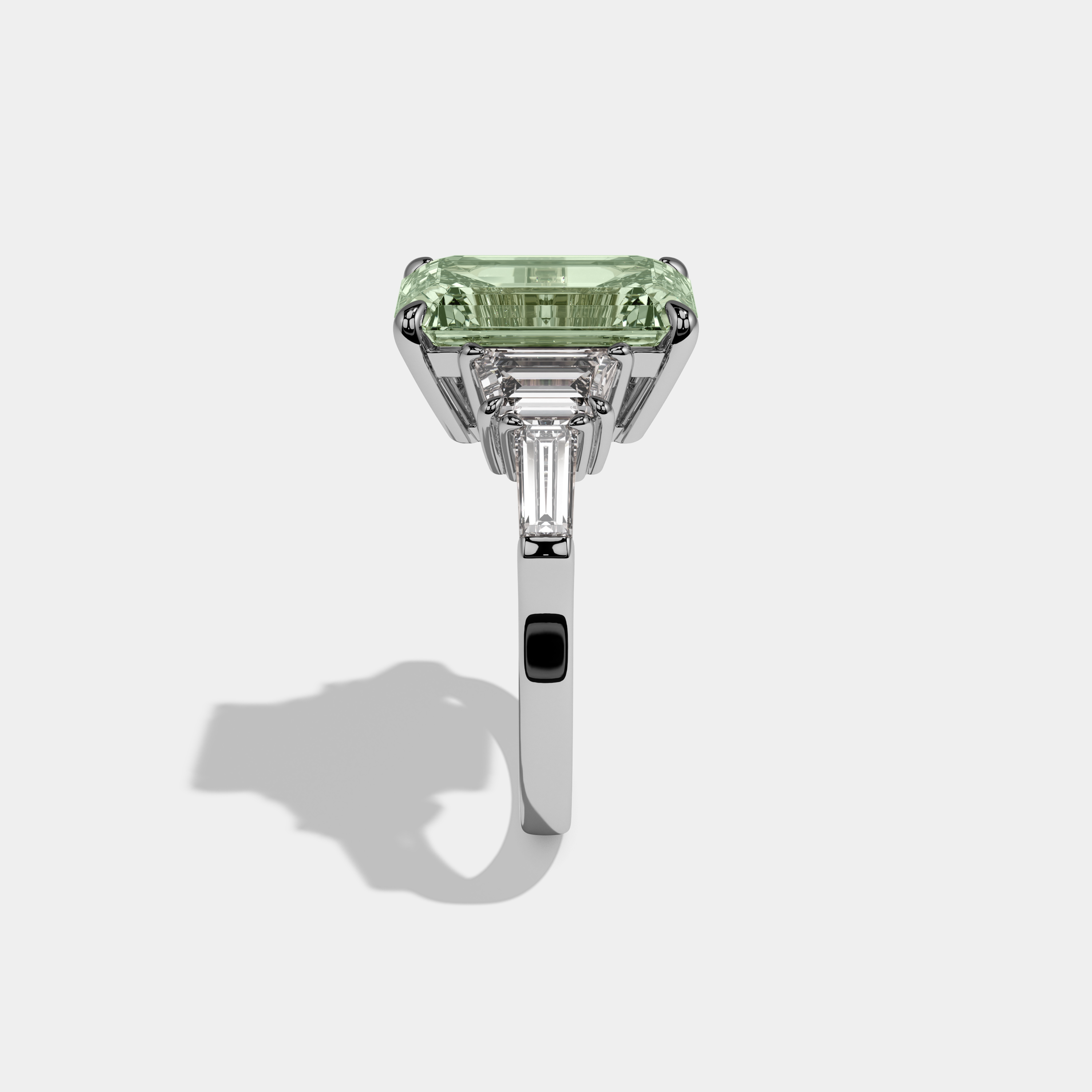 Alice Fancy Light Green Emerald Cut Diamond Plain Band With Step Cut Sides Engagement Ring 8ct 18K White Gold