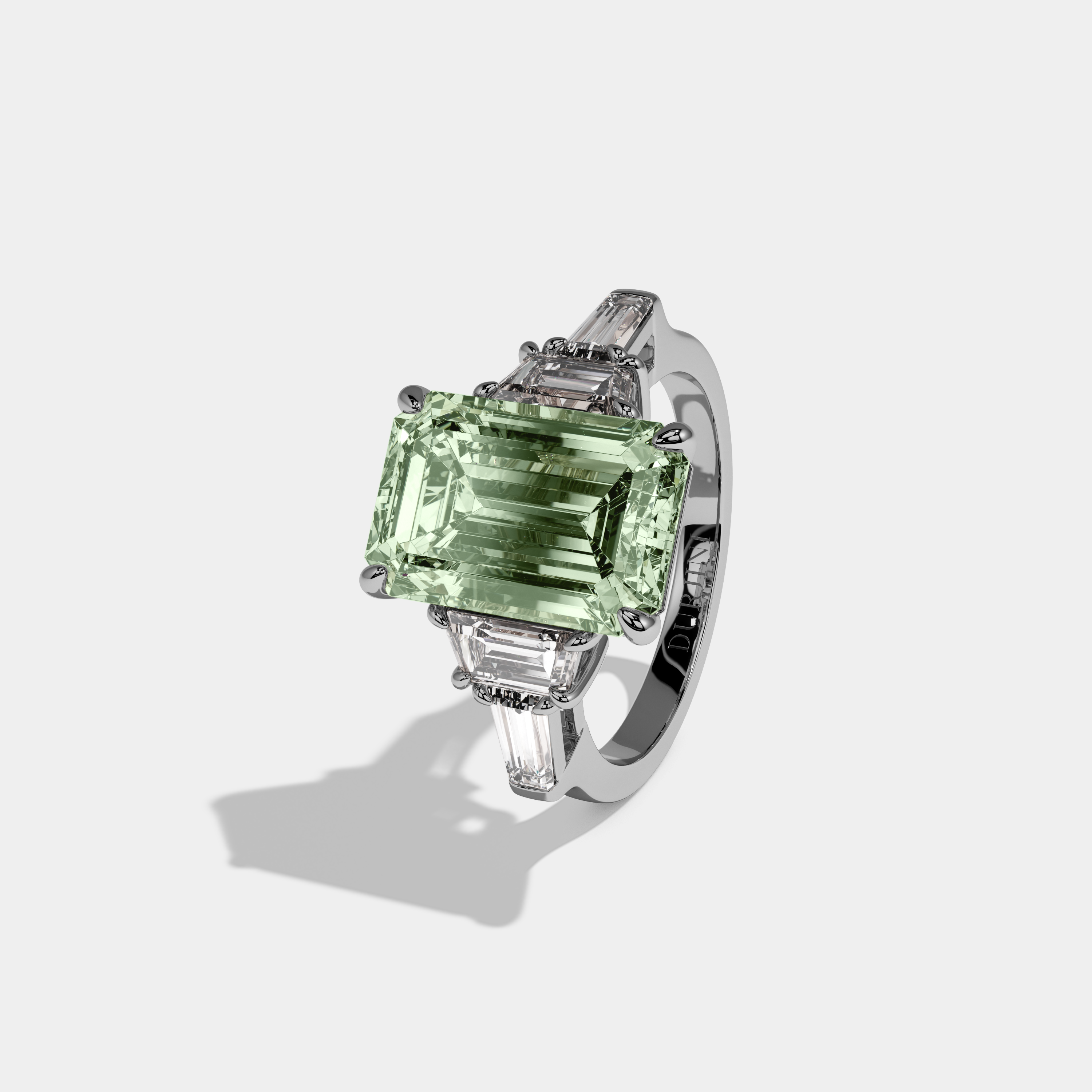 Alice Fancy Light Green Emerald Cut Diamond Plain Band With Step Cut Sides Engagement Ring 8ct 18K White Gold