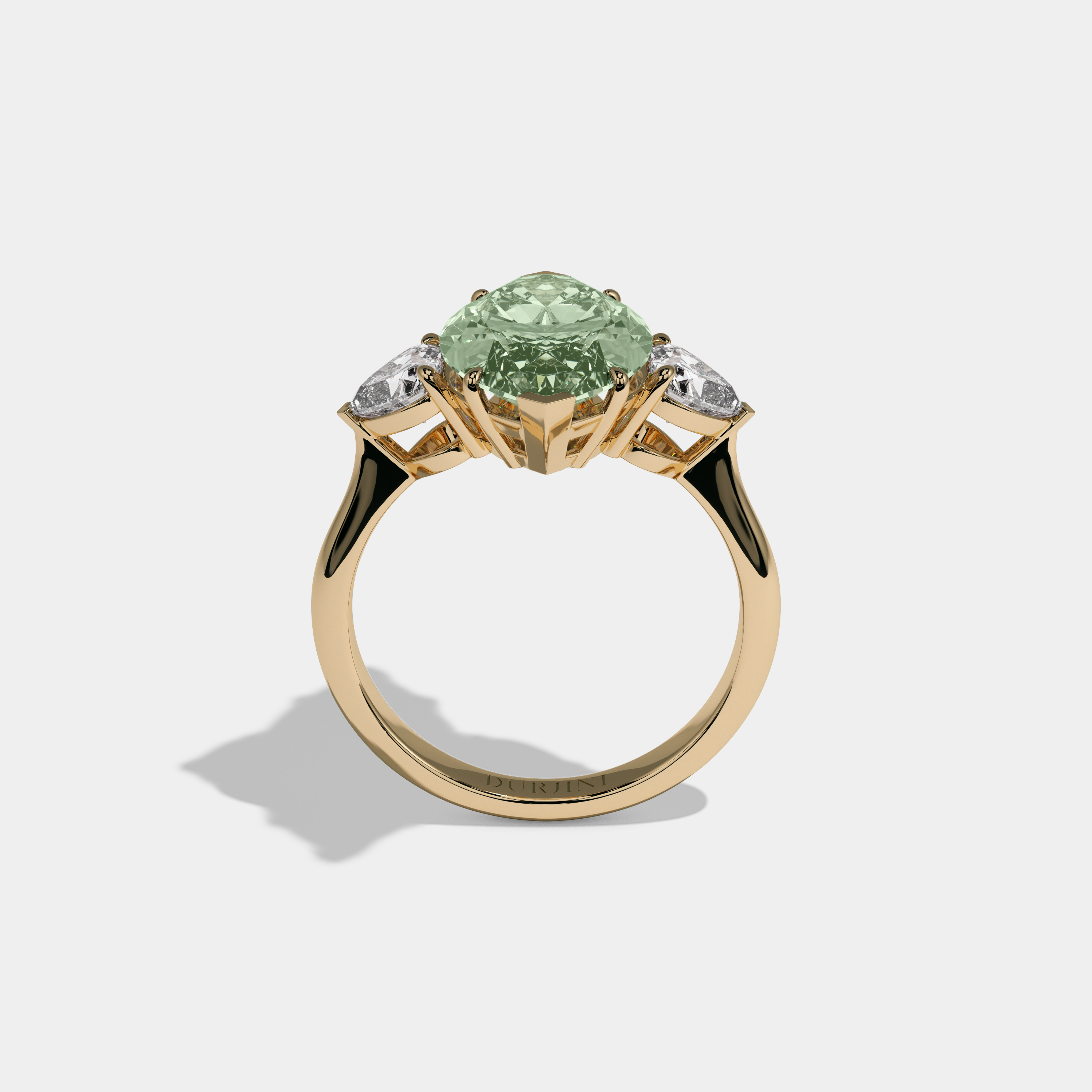 Adelaide Fancy Light Green Marquise Cut Diamond Plain Band With Heart Cut Sides Engagement Ring 8ct 18K Yellow Gold