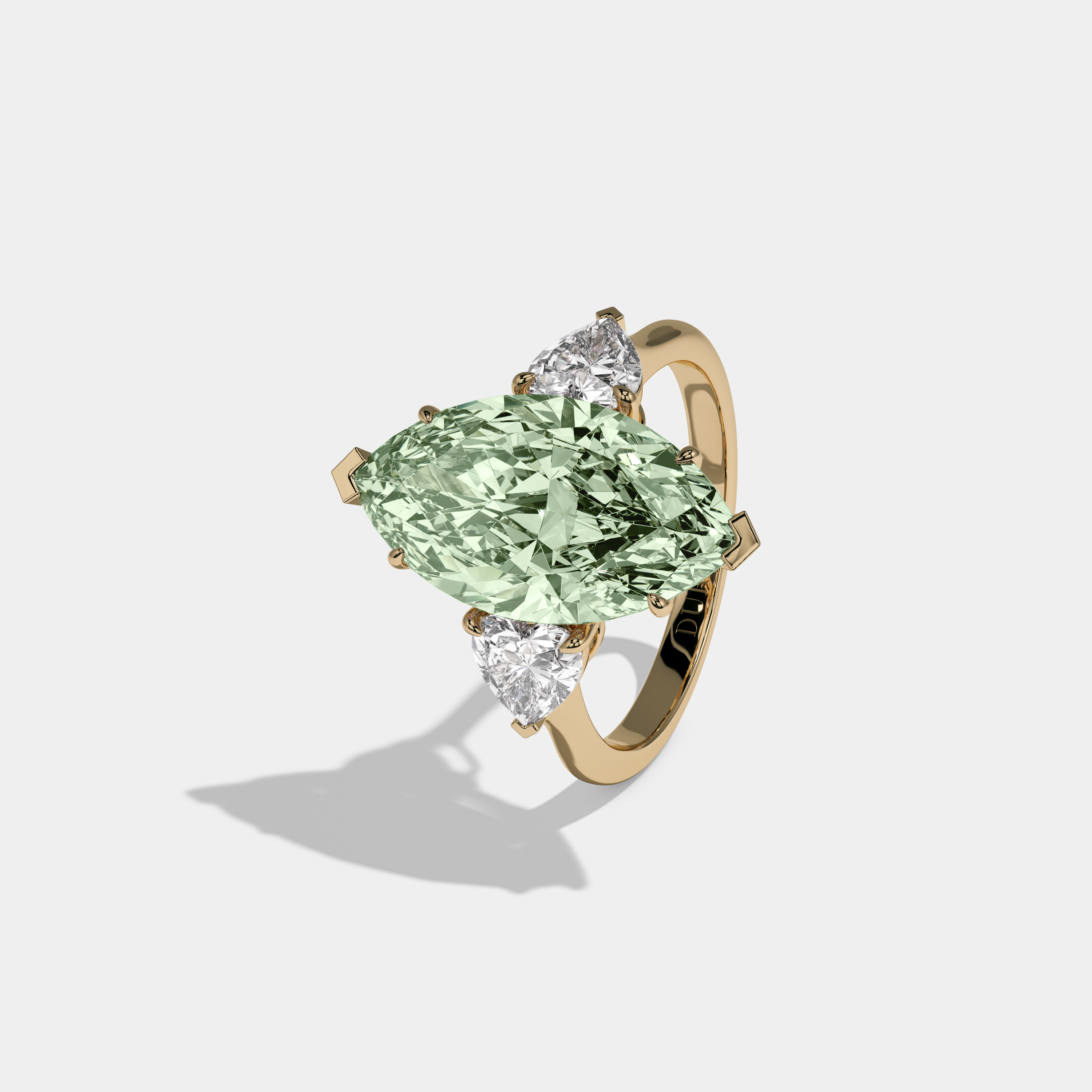 Adelaide Fancy Light Green Marquise Cut Diamond Plain Band With Heart Cut Sides Engagement Ring 8ct 18K Yellow Gold