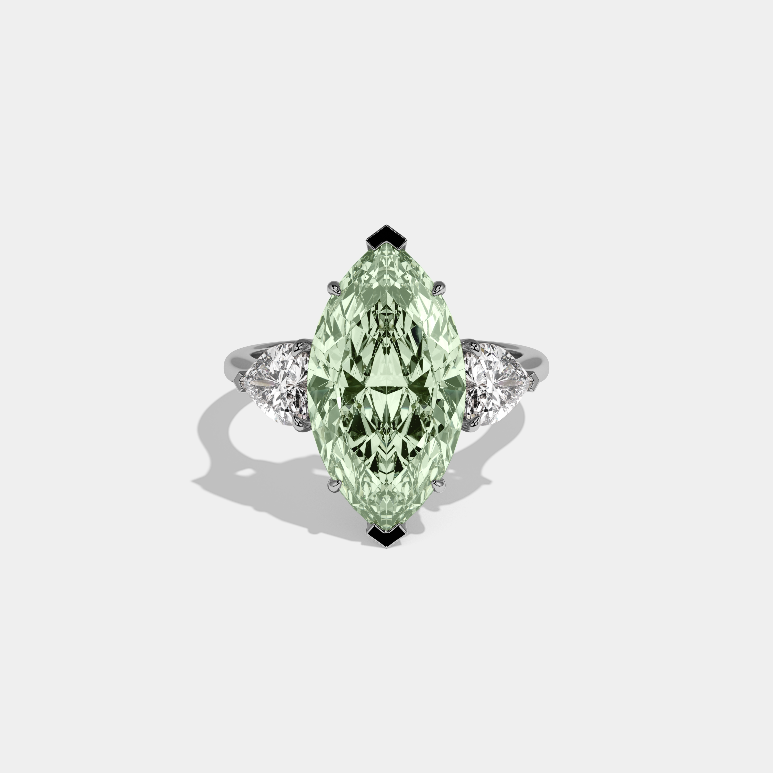 Alice Fancy Light Green Marquise Cut Diamond Plain Band With Heart Cut Sides Engagement Ring 8ct 18K White Gold