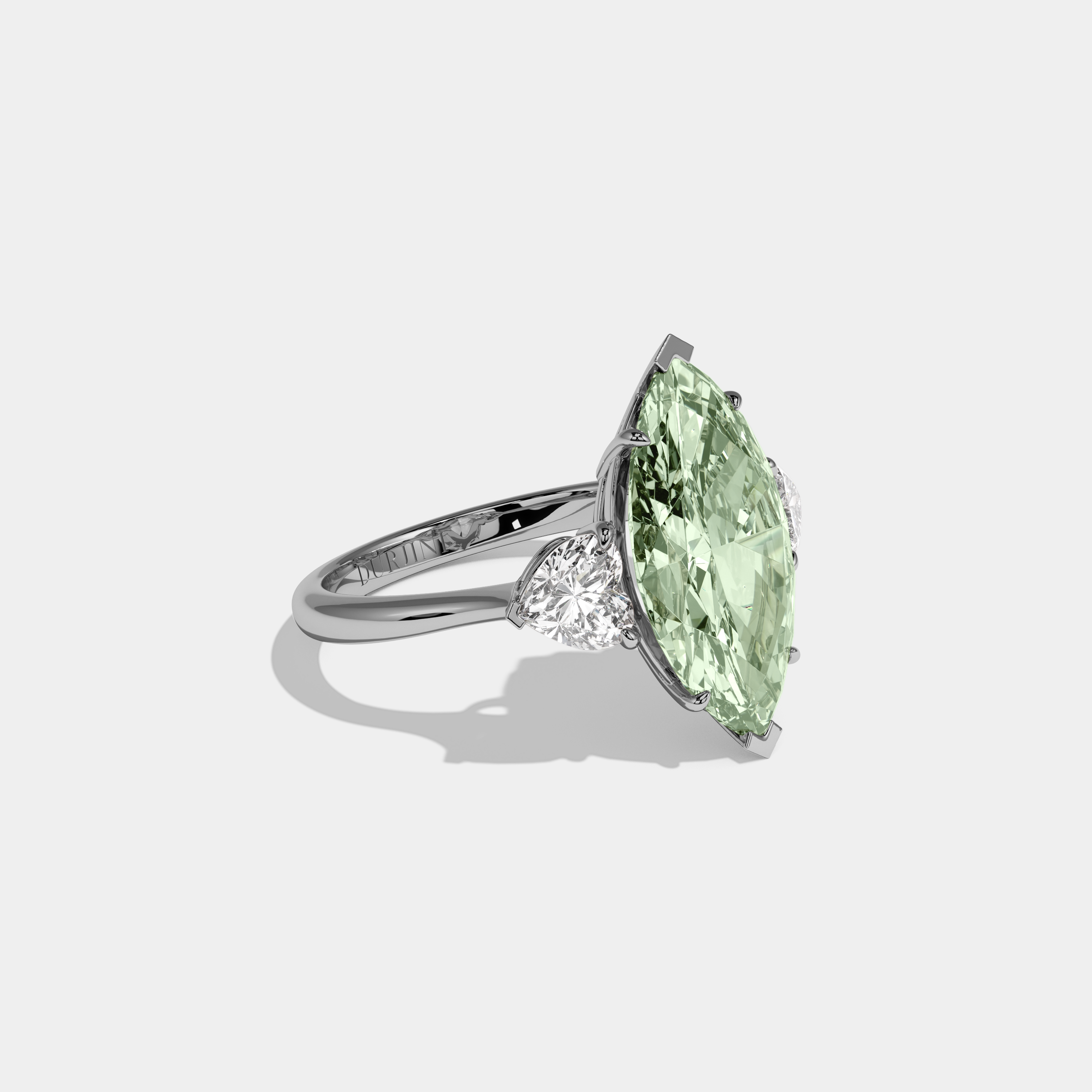Alice Fancy Light Green Marquise Cut Diamond Plain Band With Heart Cut Sides Engagement Ring 8ct 18K White Gold