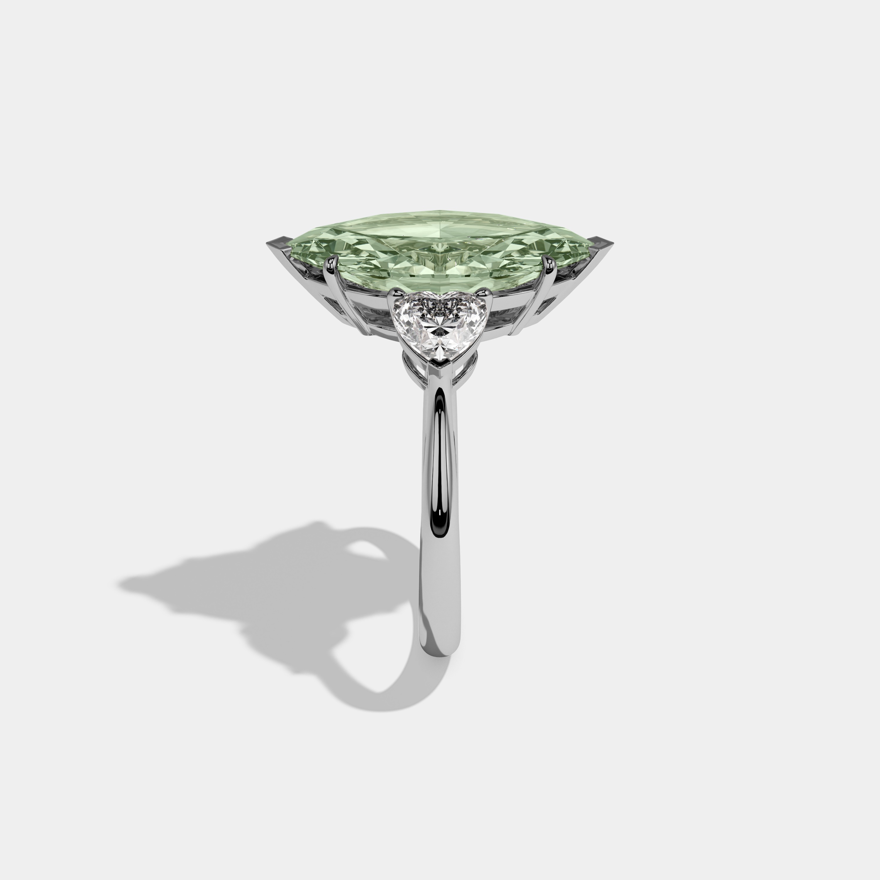 Alice Fancy Light Green Marquise Cut Diamond Plain Band With Heart Cut Sides Engagement Ring 8ct 18K White Gold