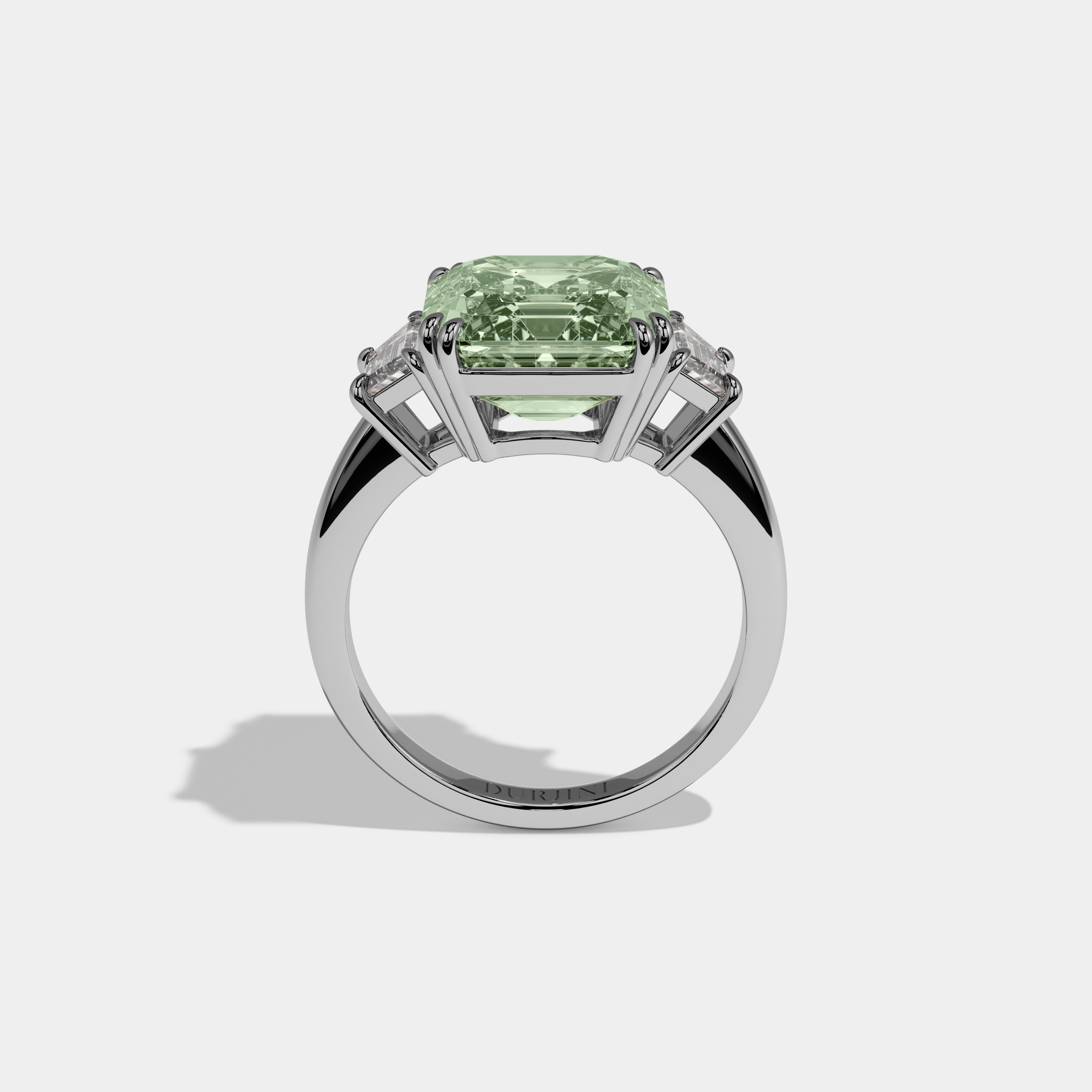 Alice Fancy Light Green Asscher Cut Diamond Plain Band With Step Cut Sides Engagement Ring 8ct 18K White Gold