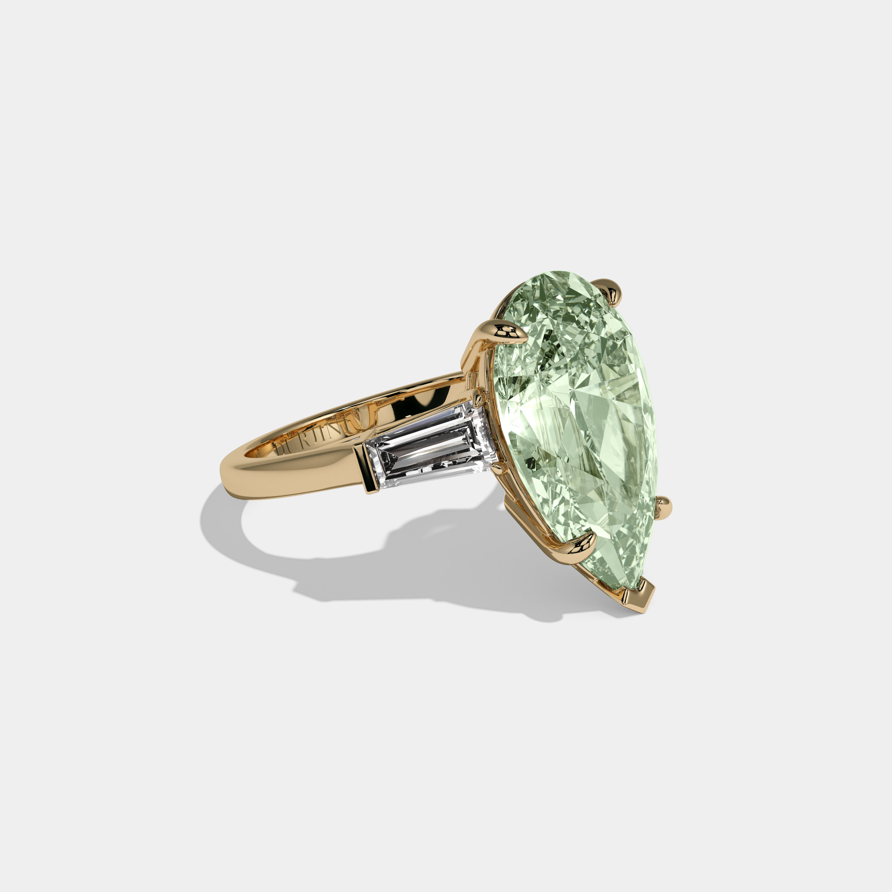 Helena Fancy Light Green Pear Cut Diamond Plain Band With Baguette Cut Sides Engagement Ring 8ct 18k Yellow Gold