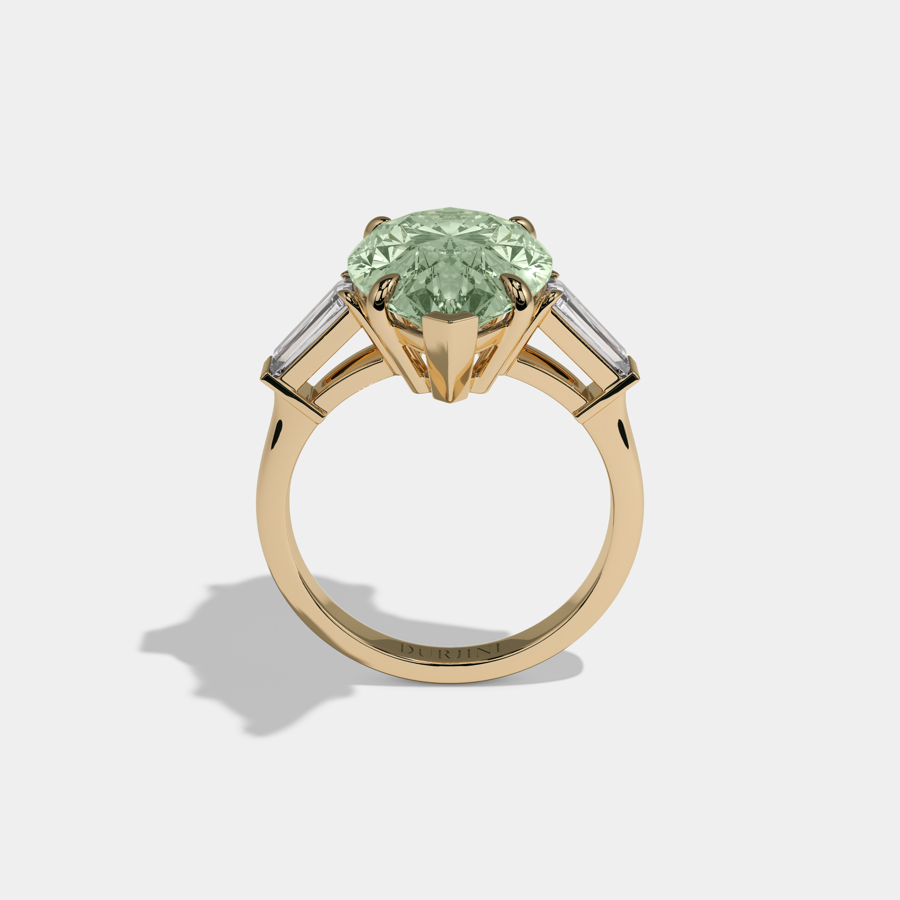 Helena Fancy Light Green Pear Cut Diamond Plain Band With Baguette Cut Sides Engagement Ring 8ct 18k Yellow Gold