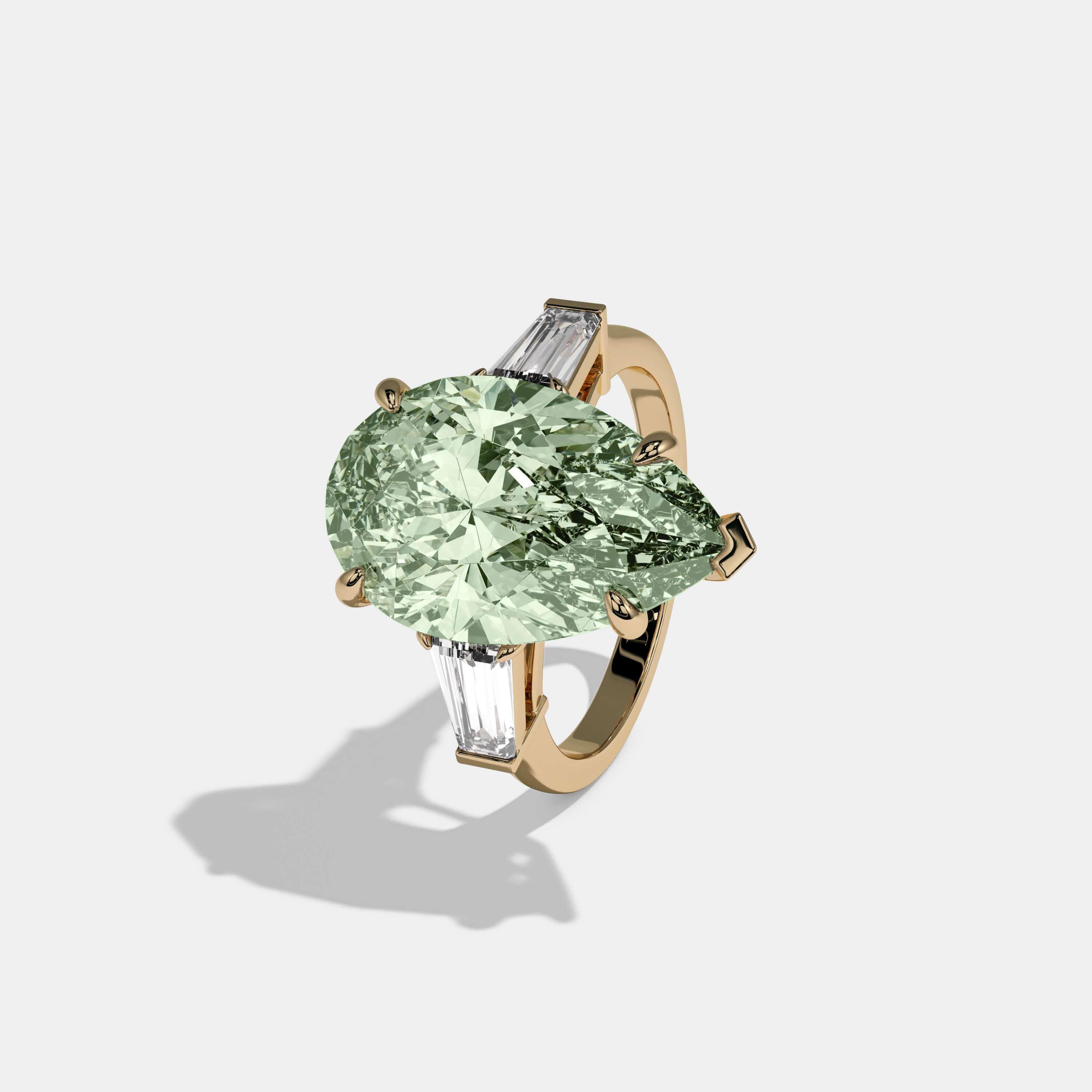 Helena Fancy Light Green Pear Cut Diamond Plain Band With Baguette Cut Sides Engagement Ring 8ct 18k Yellow Gold