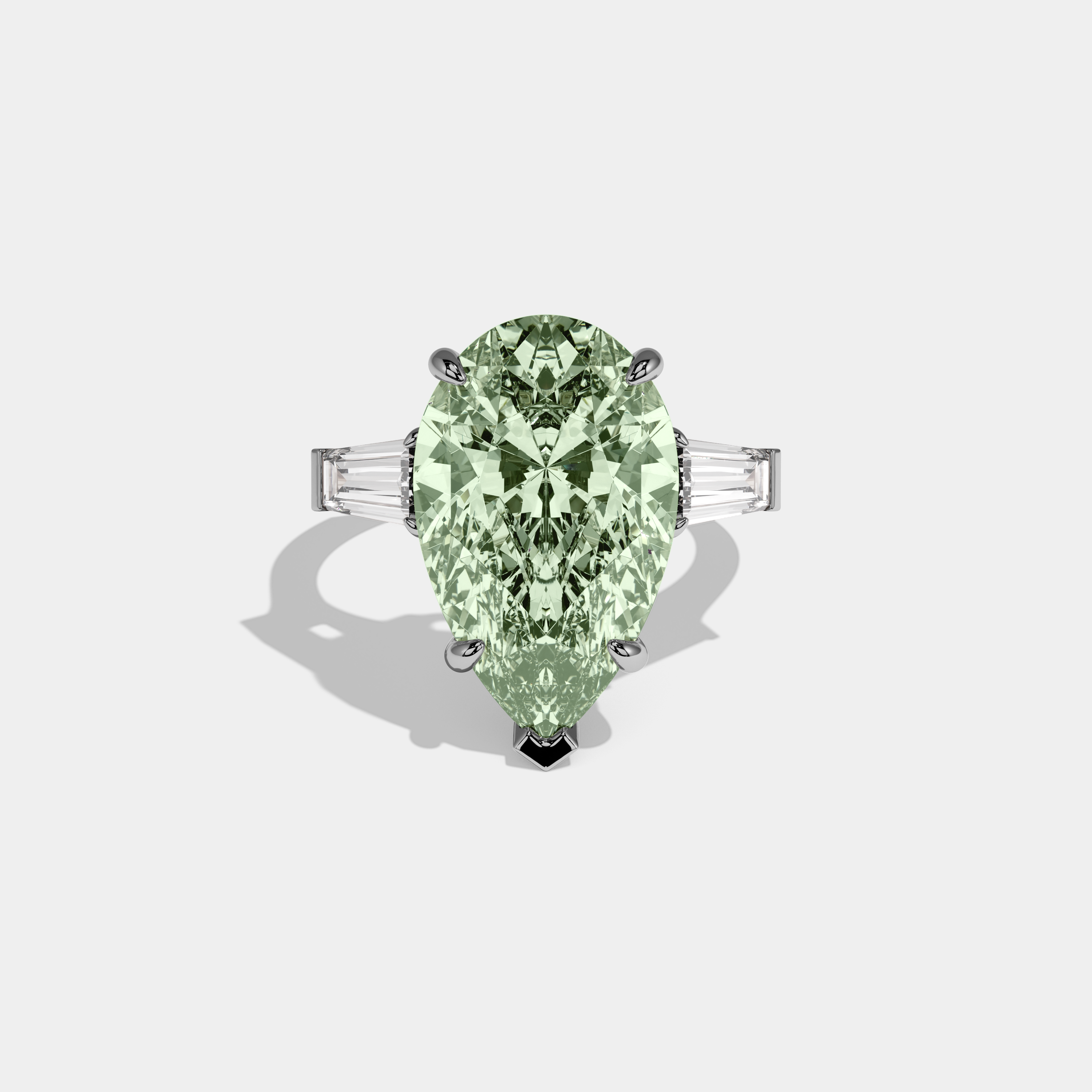 Beatrice Fancy Light Green Pear Cut Diamond Plain Band With Baguette Cut Sides Engagement Ring 8ct 18k White Gold