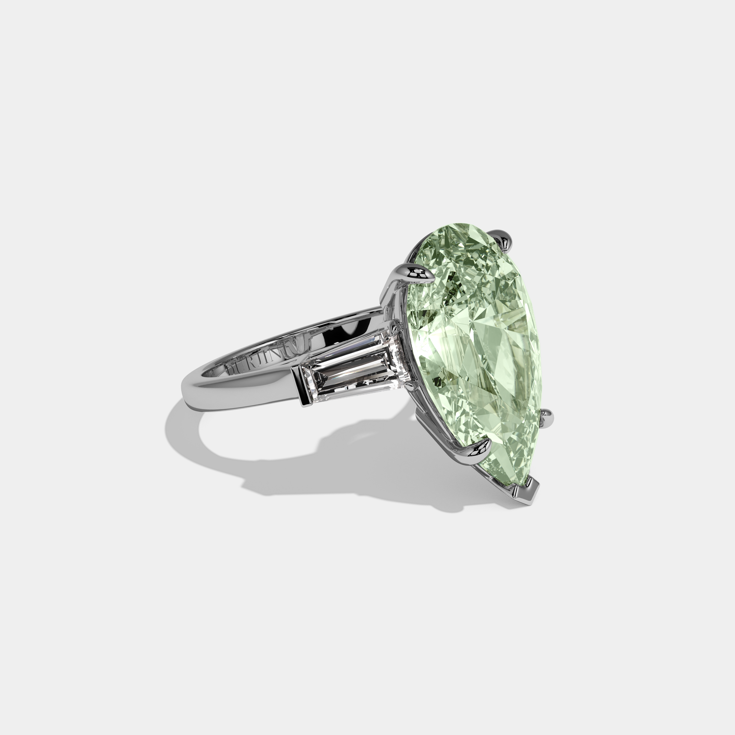 Beatrice Fancy Light Green Pear Cut Diamond Plain Band With Baguette Cut Sides Engagement Ring 8ct 18k White Gold