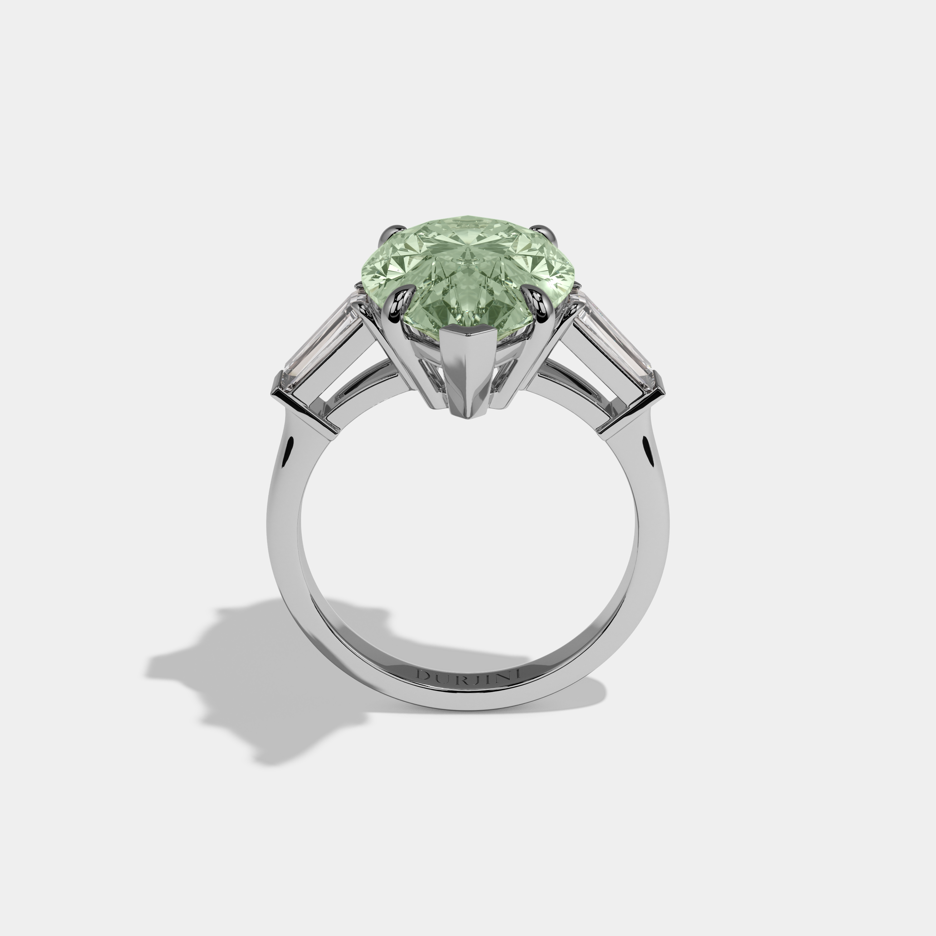 Beatrice Fancy Light Green Pear Cut Diamond Plain Band With Baguette Cut Sides Engagement Ring 8ct 18k White Gold
