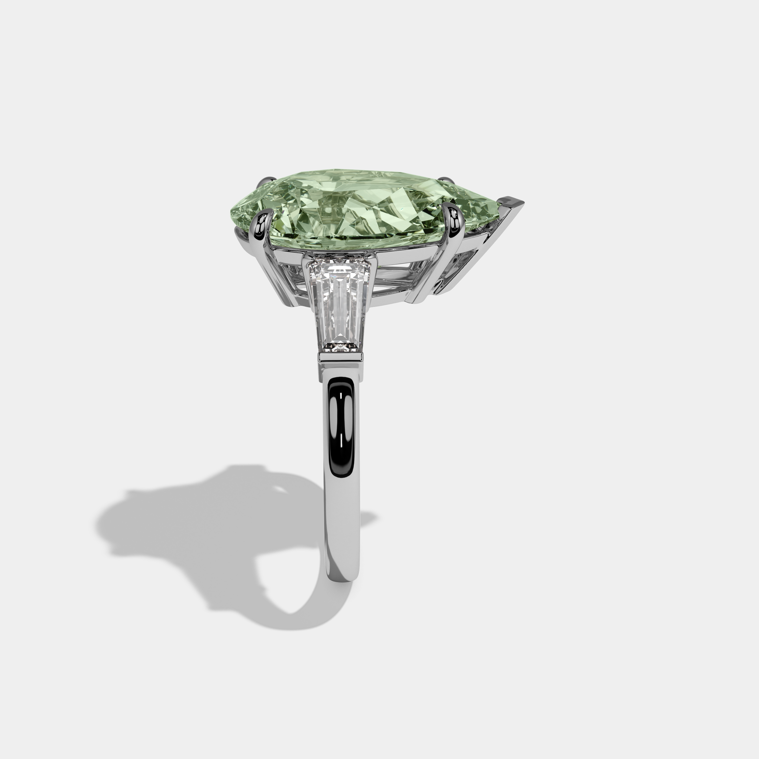 Beatrice Fancy Light Green Pear Cut Diamond Plain Band With Baguette Cut Sides Engagement Ring 8ct 18k White Gold