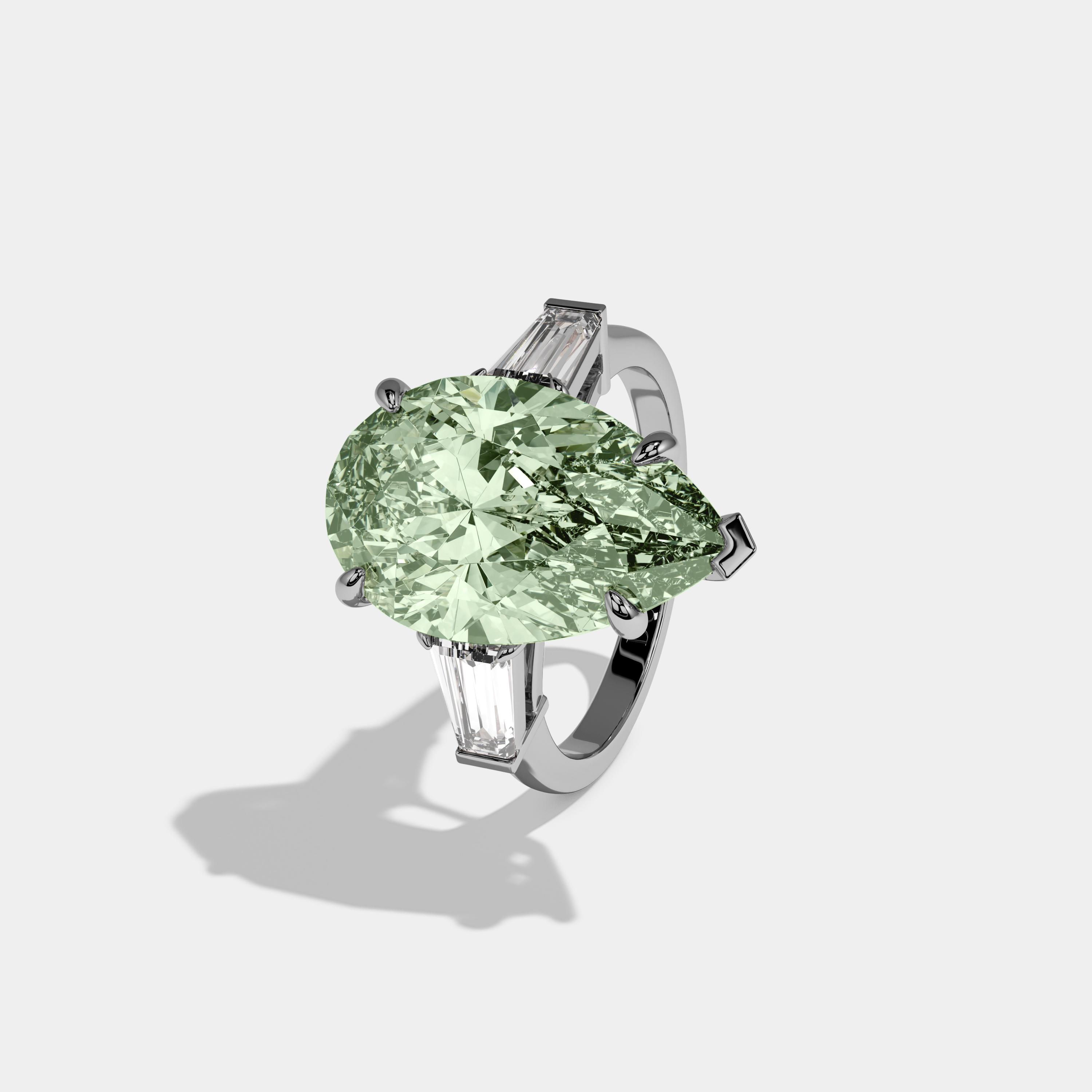 Beatrice Fancy Light Green Pear Cut Diamond Plain Band With Baguette Cut Sides Engagement Ring 8ct 18k White Gold