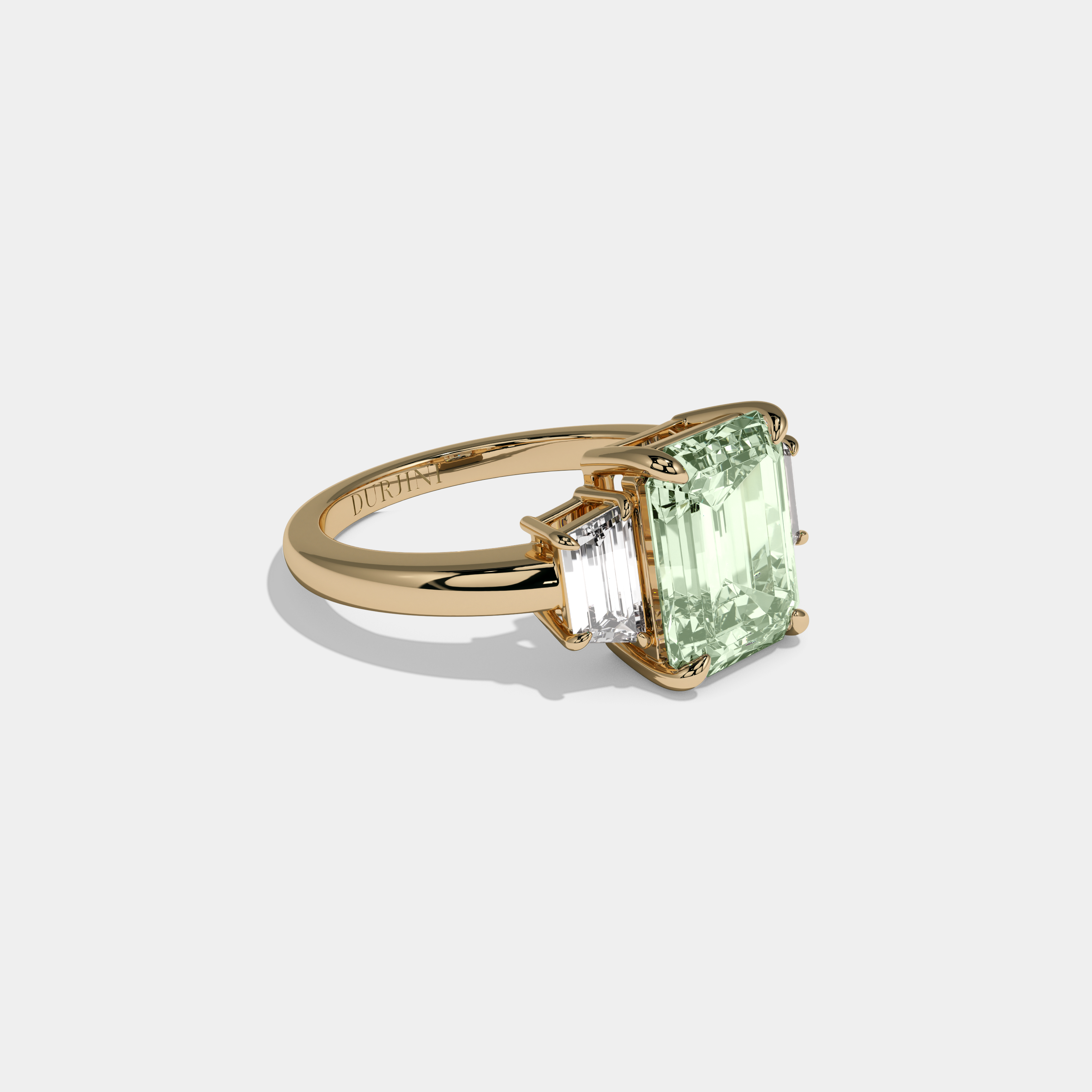 Eugenie Fancy Light Green Emerald Cut Diamond Plain Band With Step Cut Sides Engagement Ring 8ct 18k Yellow Gold