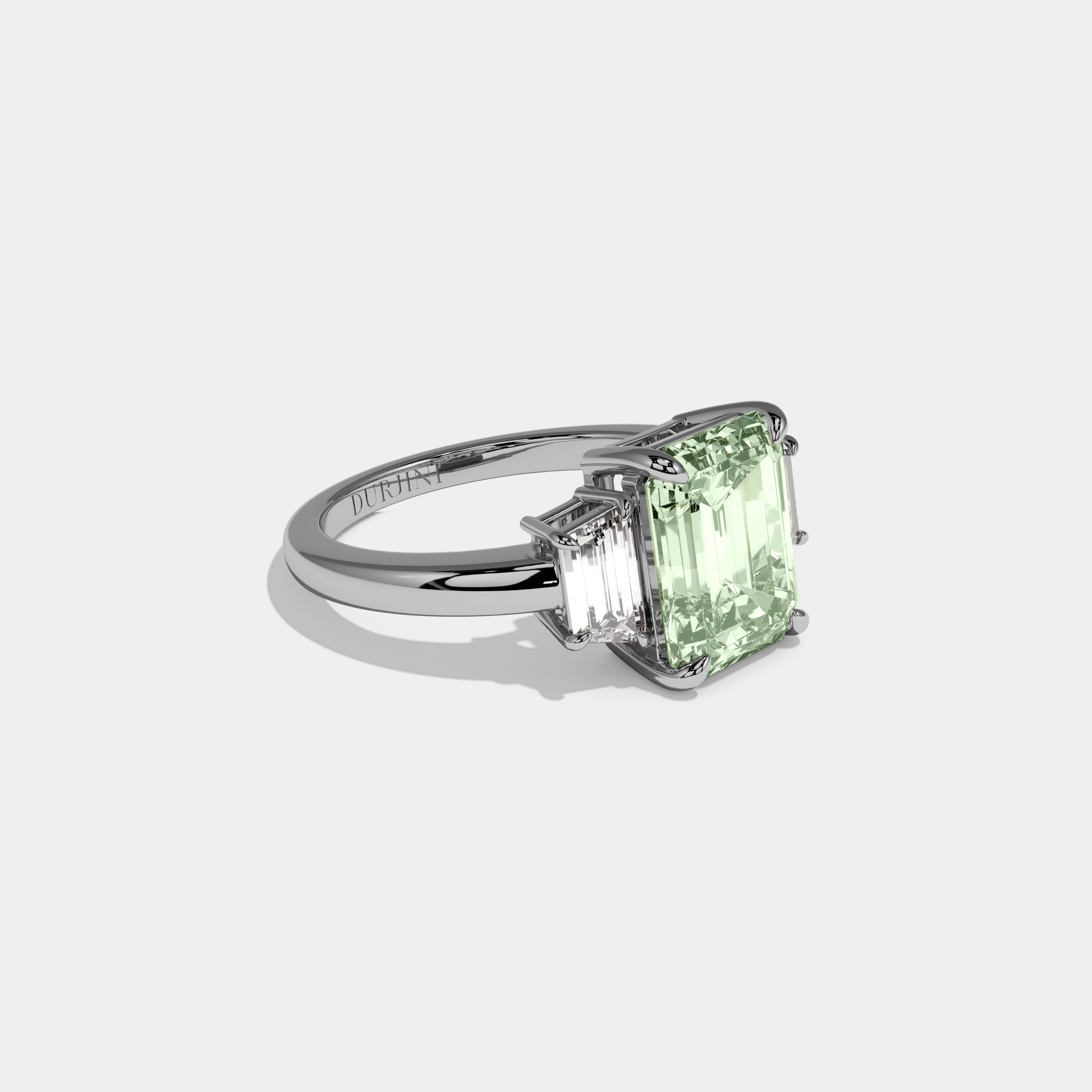 Beatrice Fancy Light Green Emerald Cut Diamond Plain Band With Step Cut Sides Engagement Ring 8ct 18k White Gold