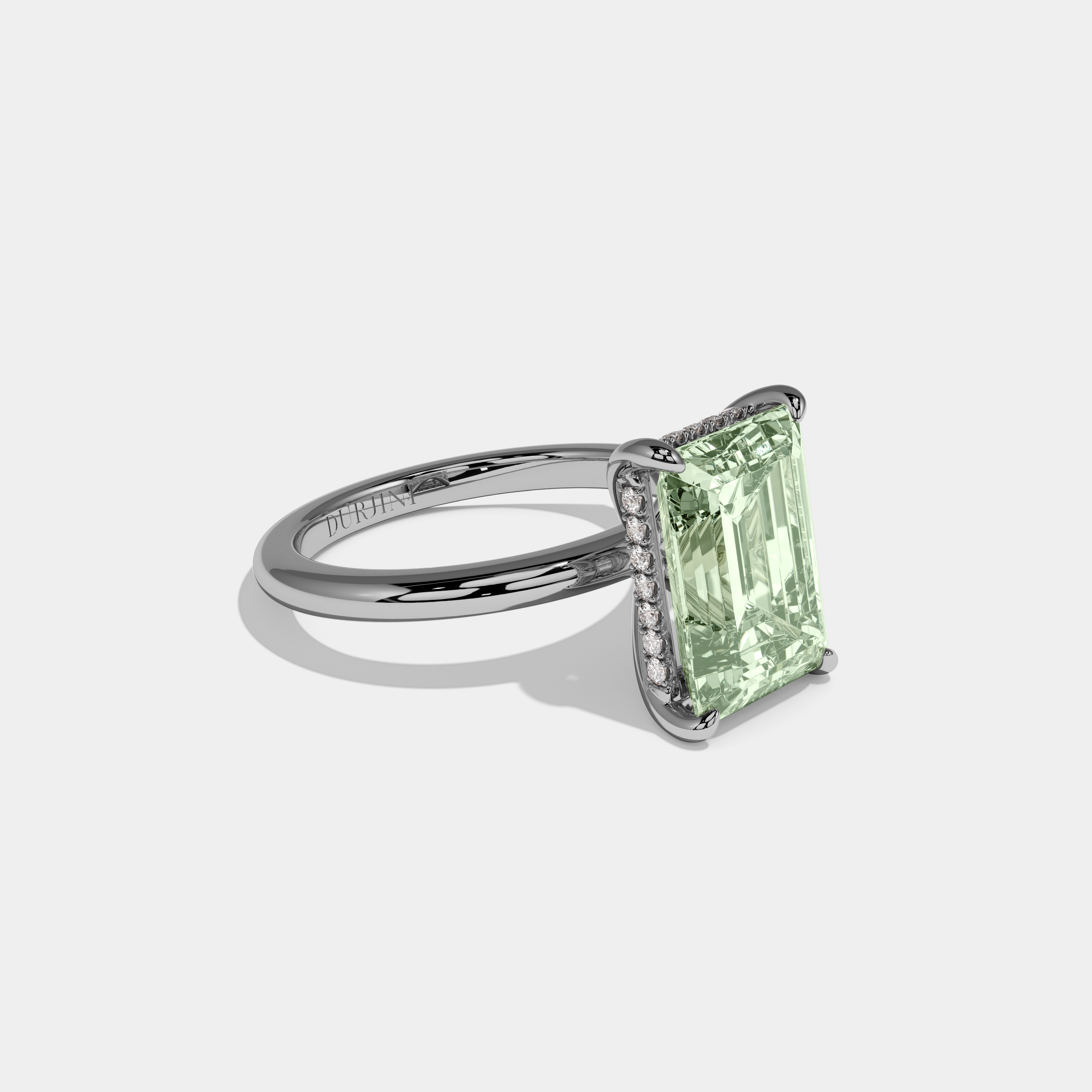 Matilda Fancy Light Green Emerald Cut Diamond Plain Band Engagement Ring 6.5ct 18K White Gold