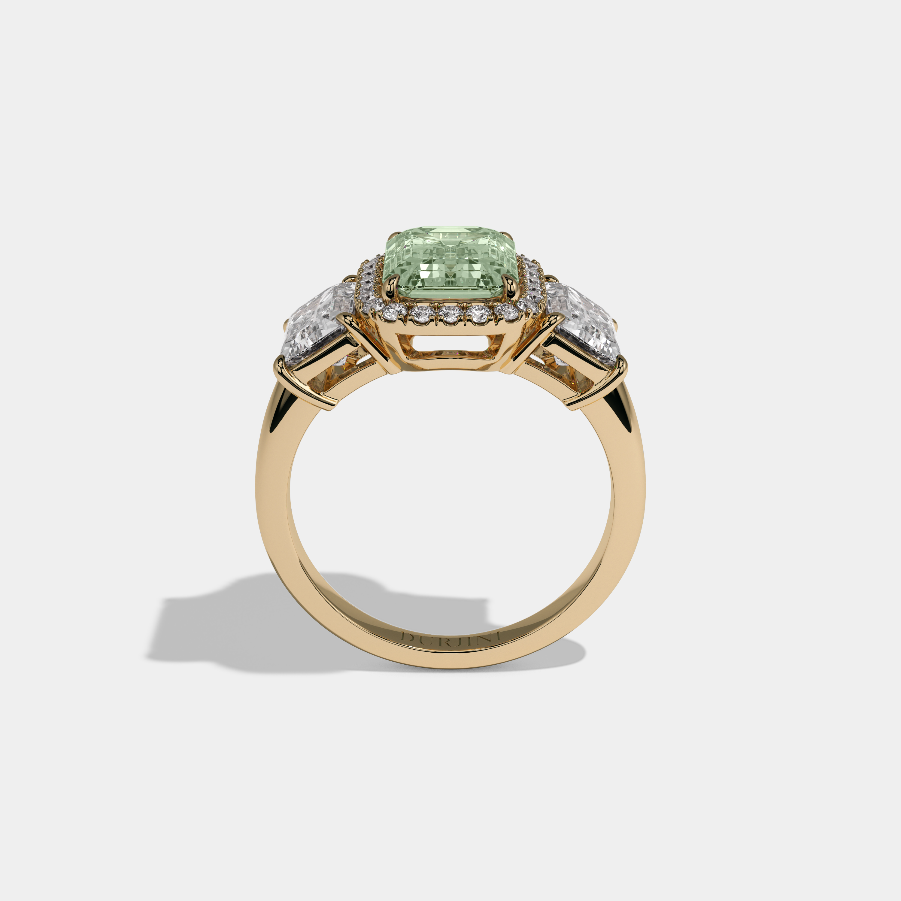 Alice Fancy Light Green Emerald Cut Diamond Plain Band With Emerald Cut Sides Engagement Ring 8ct 18K Yellow Gold