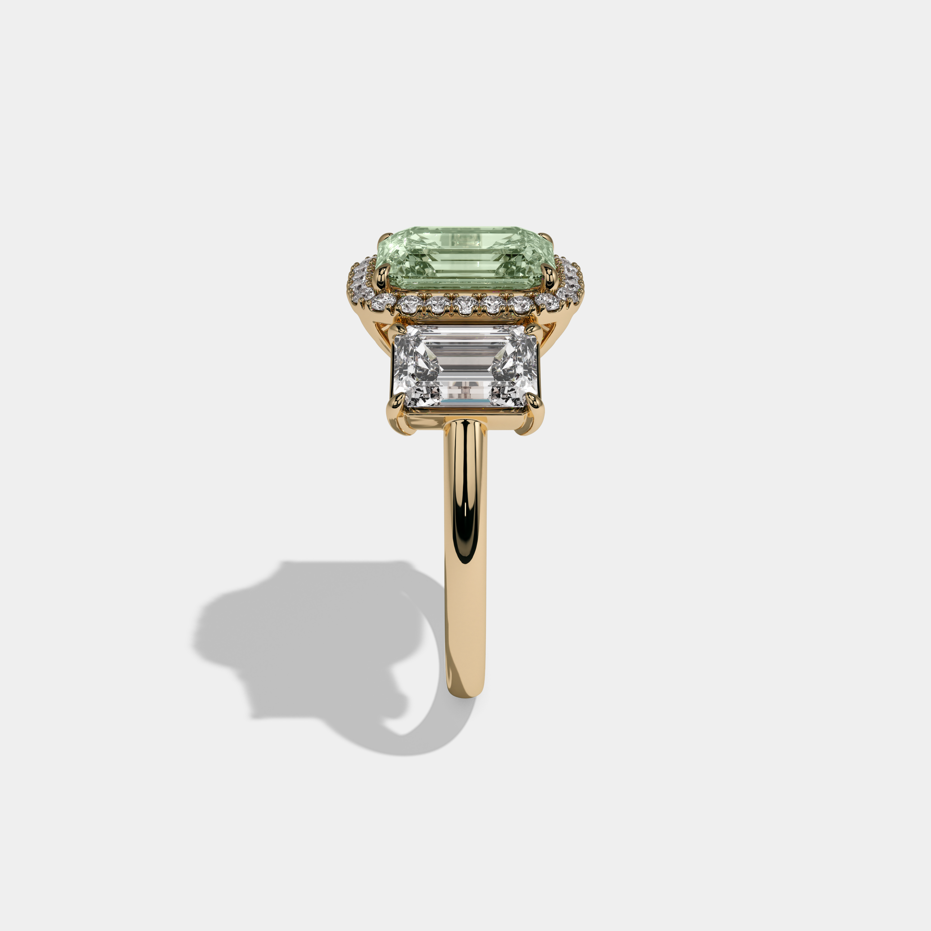 Alice Fancy Light Green Emerald Cut Diamond Plain Band With Emerald Cut Sides Engagement Ring 8ct 18K Yellow Gold
