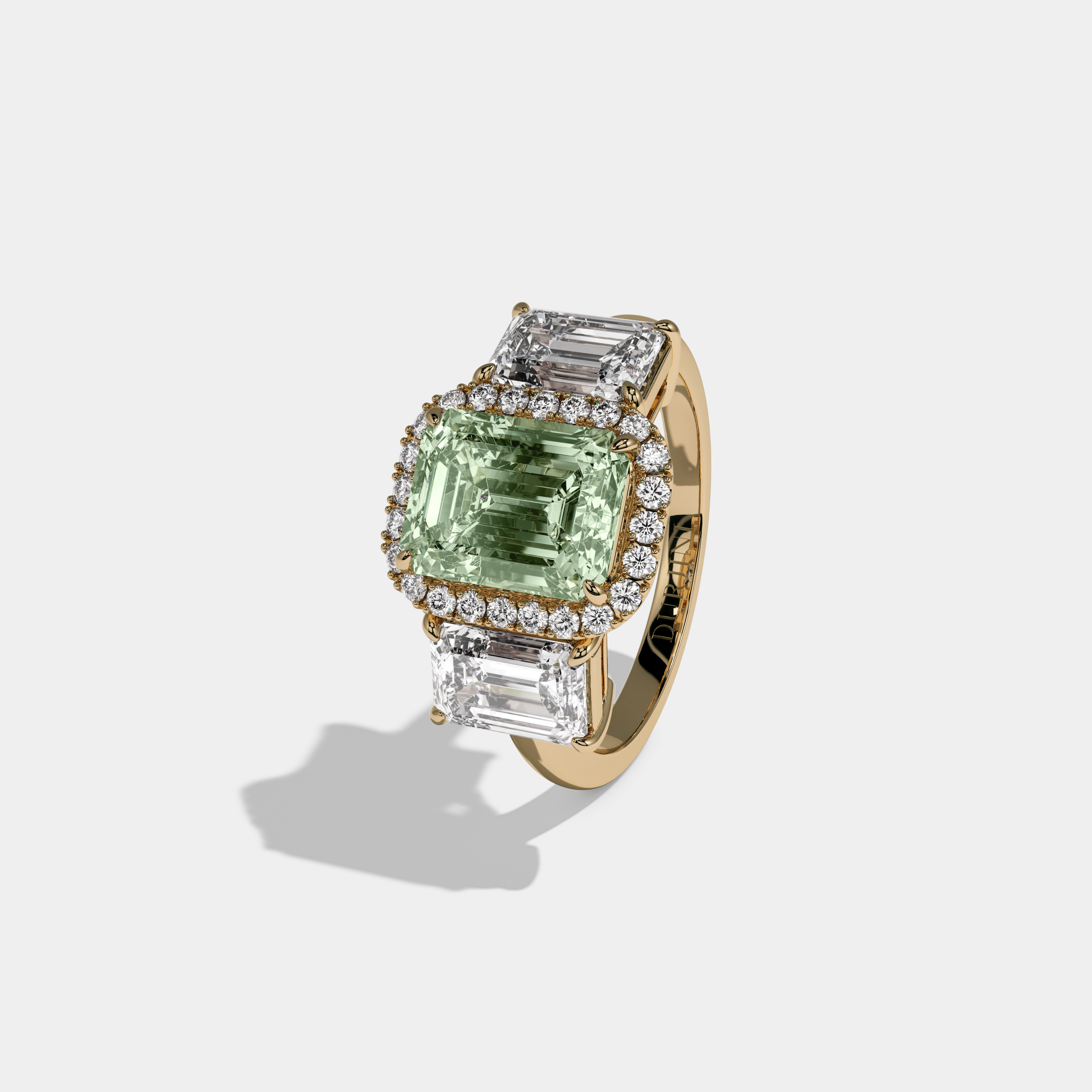 Alice Fancy Light Green Emerald Cut Diamond Plain Band With Emerald Cut Sides Engagement Ring 8ct 18K Yellow Gold