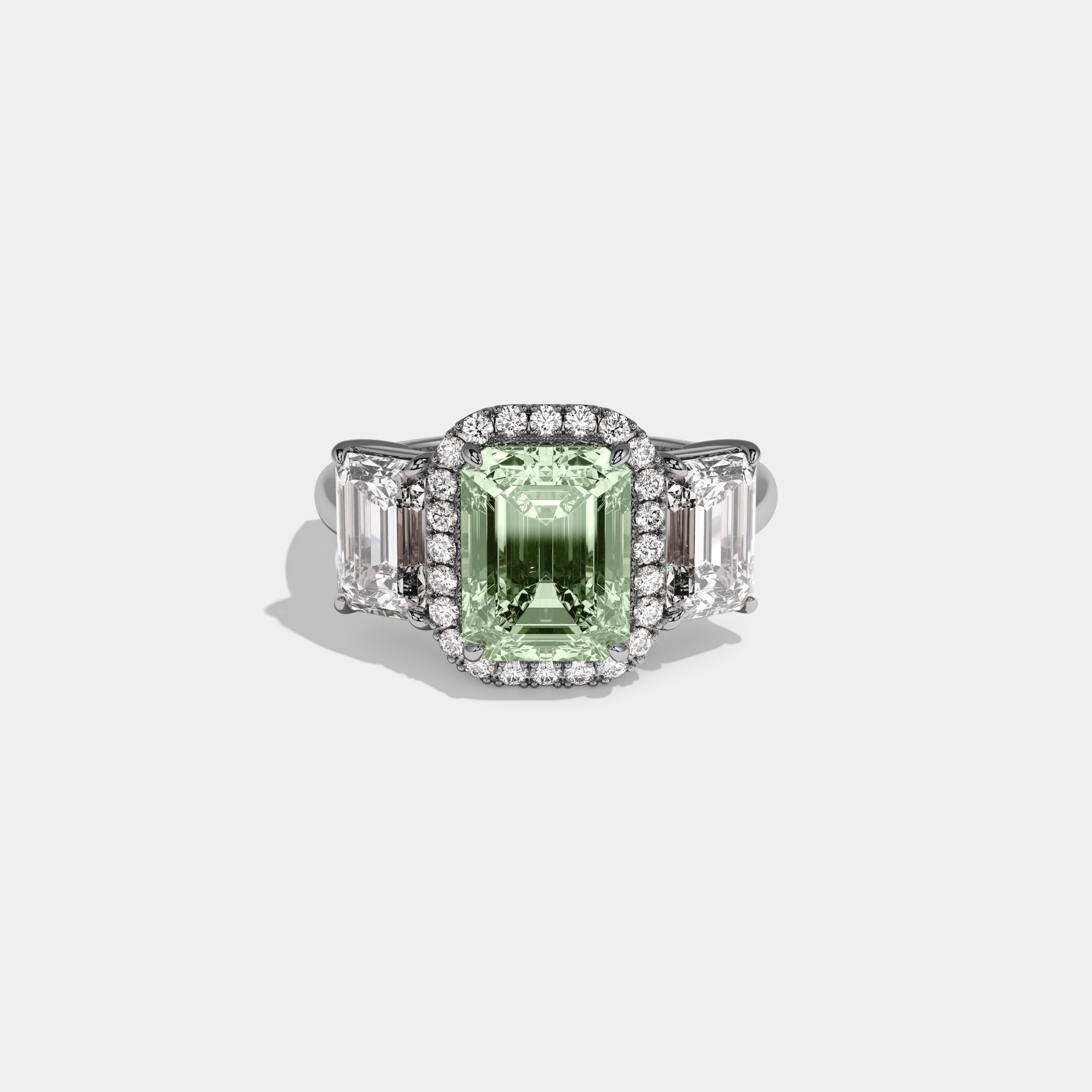 Eleanor Fancy Light Green Emerald Cut Diamond Plain Band With Emerald Cut Sides Engagement Ring 8ct 18K White Gold