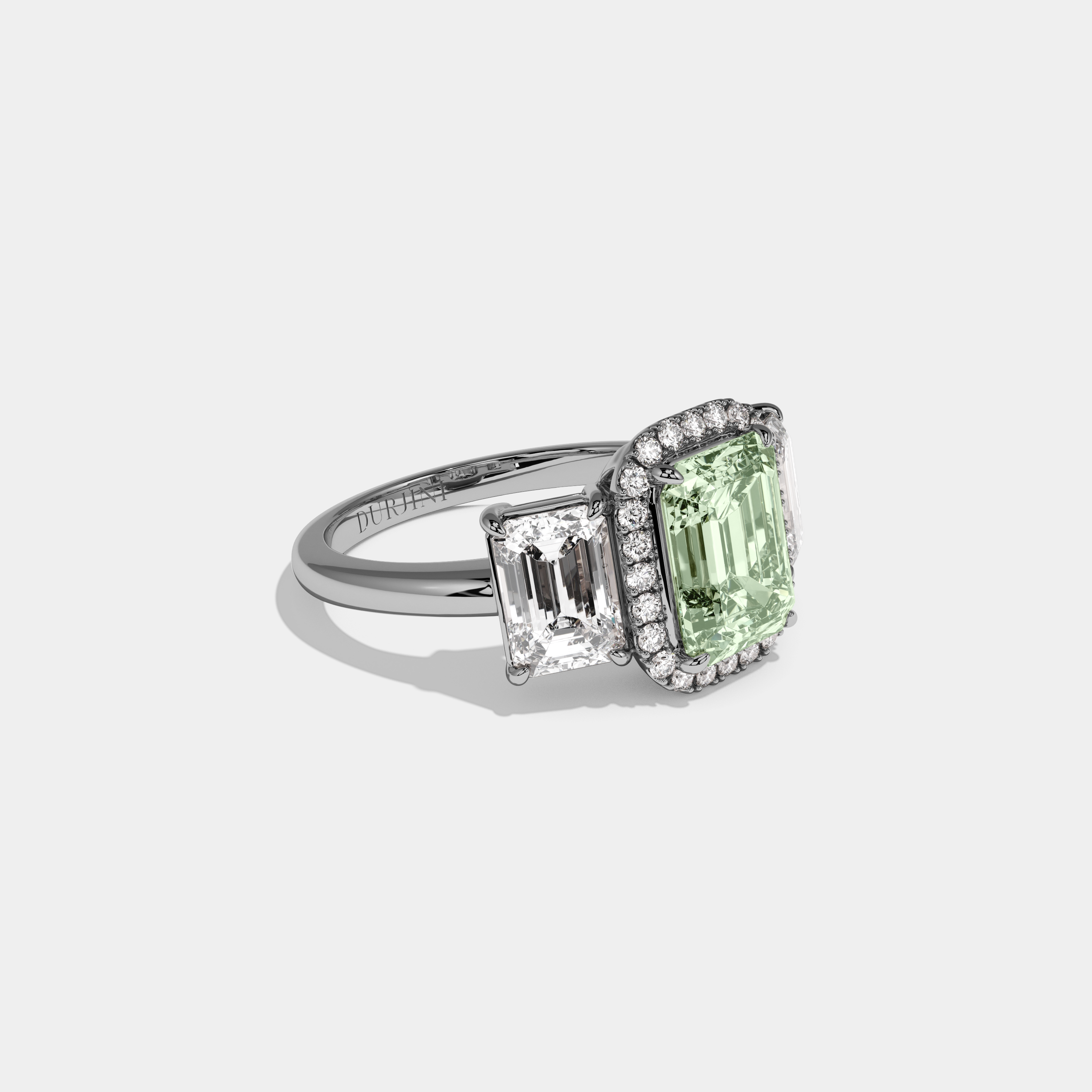 Eleanor Fancy Light Green Emerald Cut Diamond Plain Band With Emerald Cut Sides Engagement Ring 8ct 18K White Gold