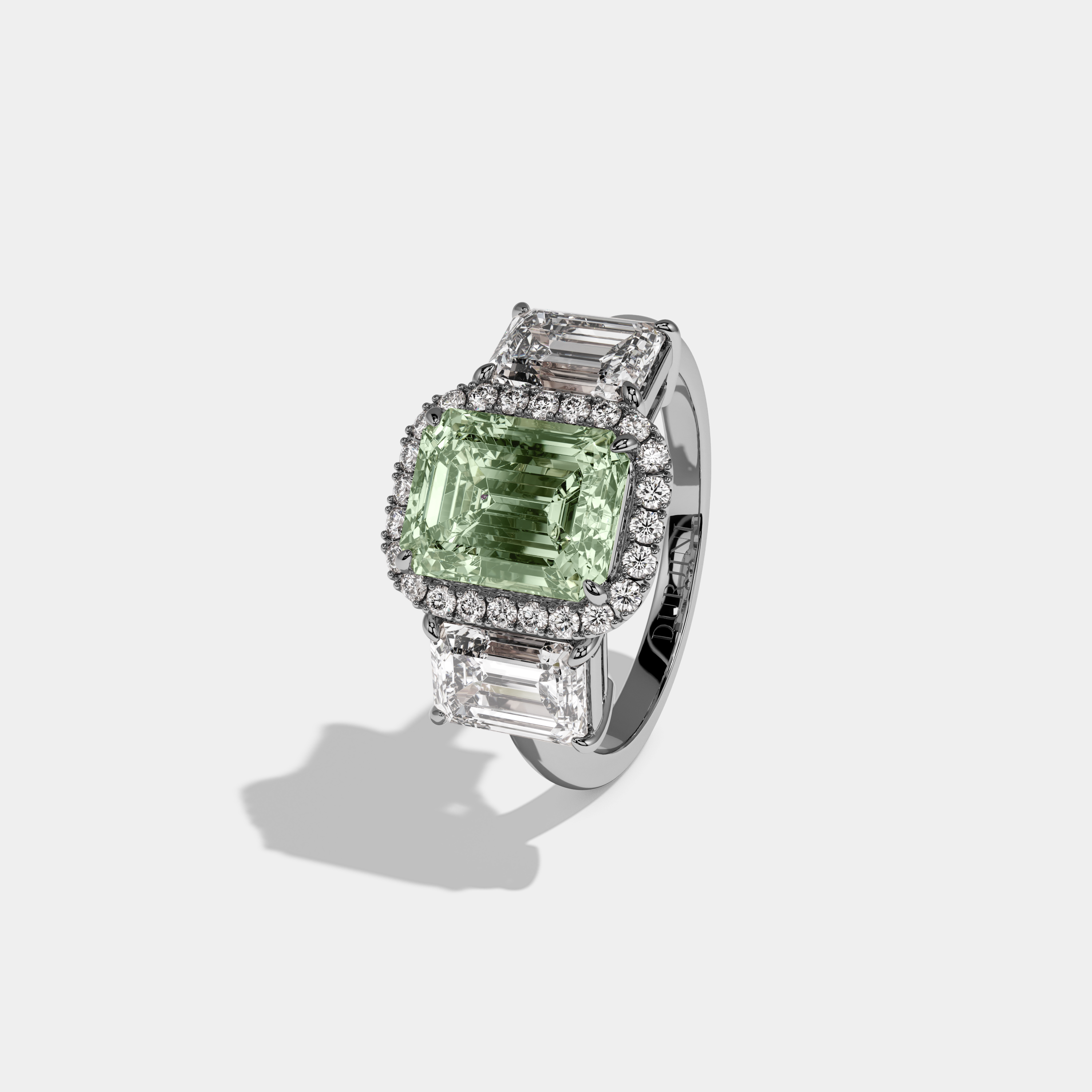 Eleanor Fancy Light Green Emerald Cut Diamond Plain Band With Emerald Cut Sides Engagement Ring 8ct 18K White Gold