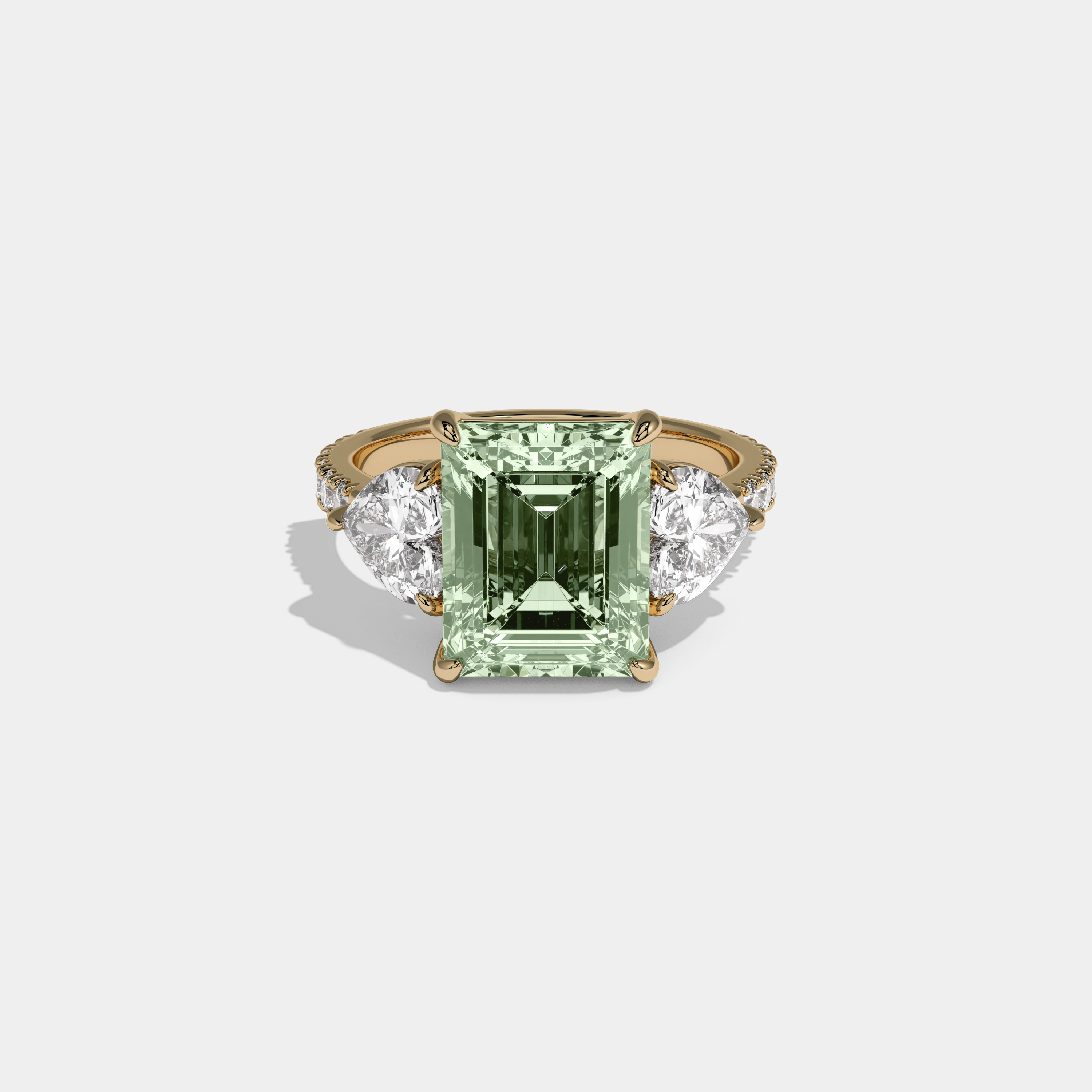 Adelaide Fancy Light Green Emerald Cut Diamond Band With Heart Cut Sides Engagement Ring 8ct 18K Yellow Gold