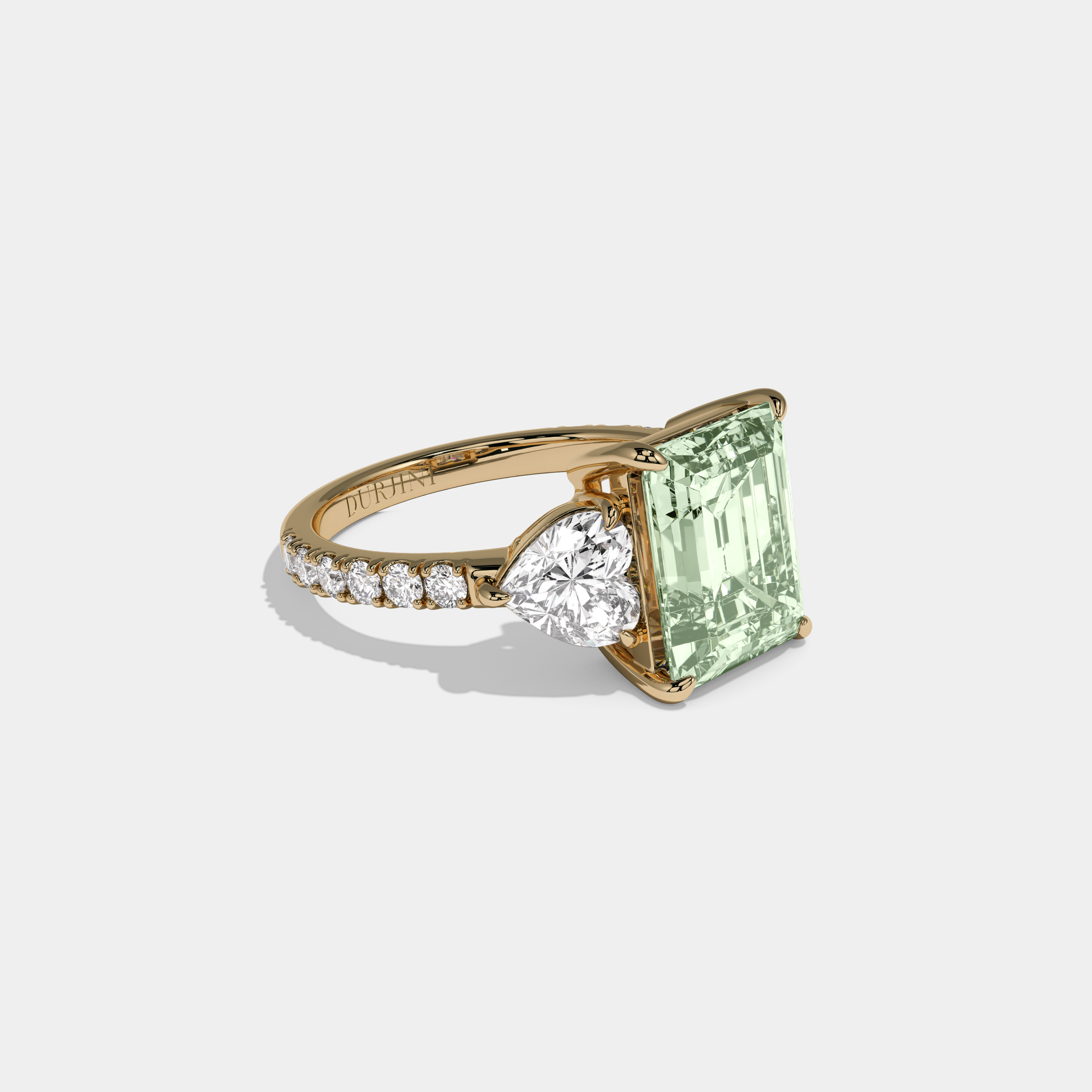 Adelaide Fancy Light Green Emerald Cut Diamond Band With Heart Cut Sides Engagement Ring 8ct 18K Yellow Gold