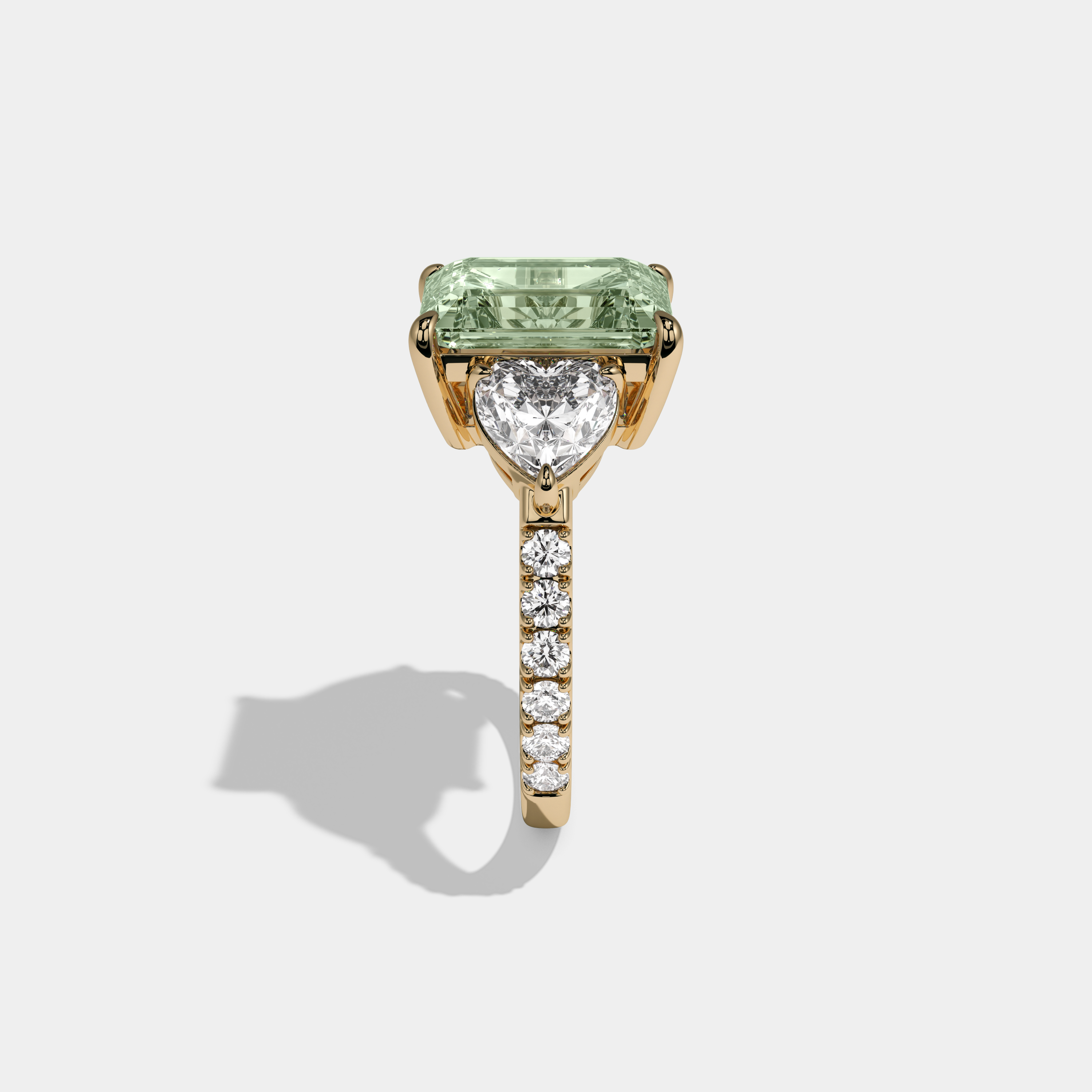Adelaide Fancy Light Green Emerald Cut Diamond Band With Heart Cut Sides Engagement Ring 8ct 18K Yellow Gold