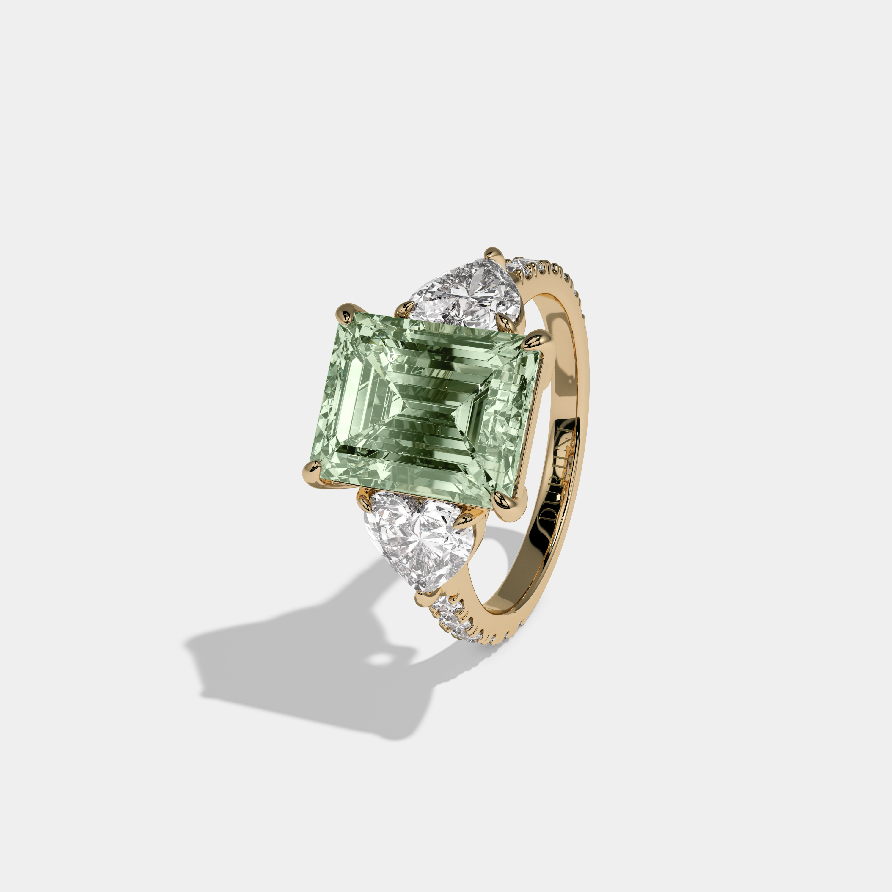 Adelaide Fancy Light Green Emerald Cut Diamond Band With Heart Cut Sides Engagement Ring 8ct 18K Yellow Gold