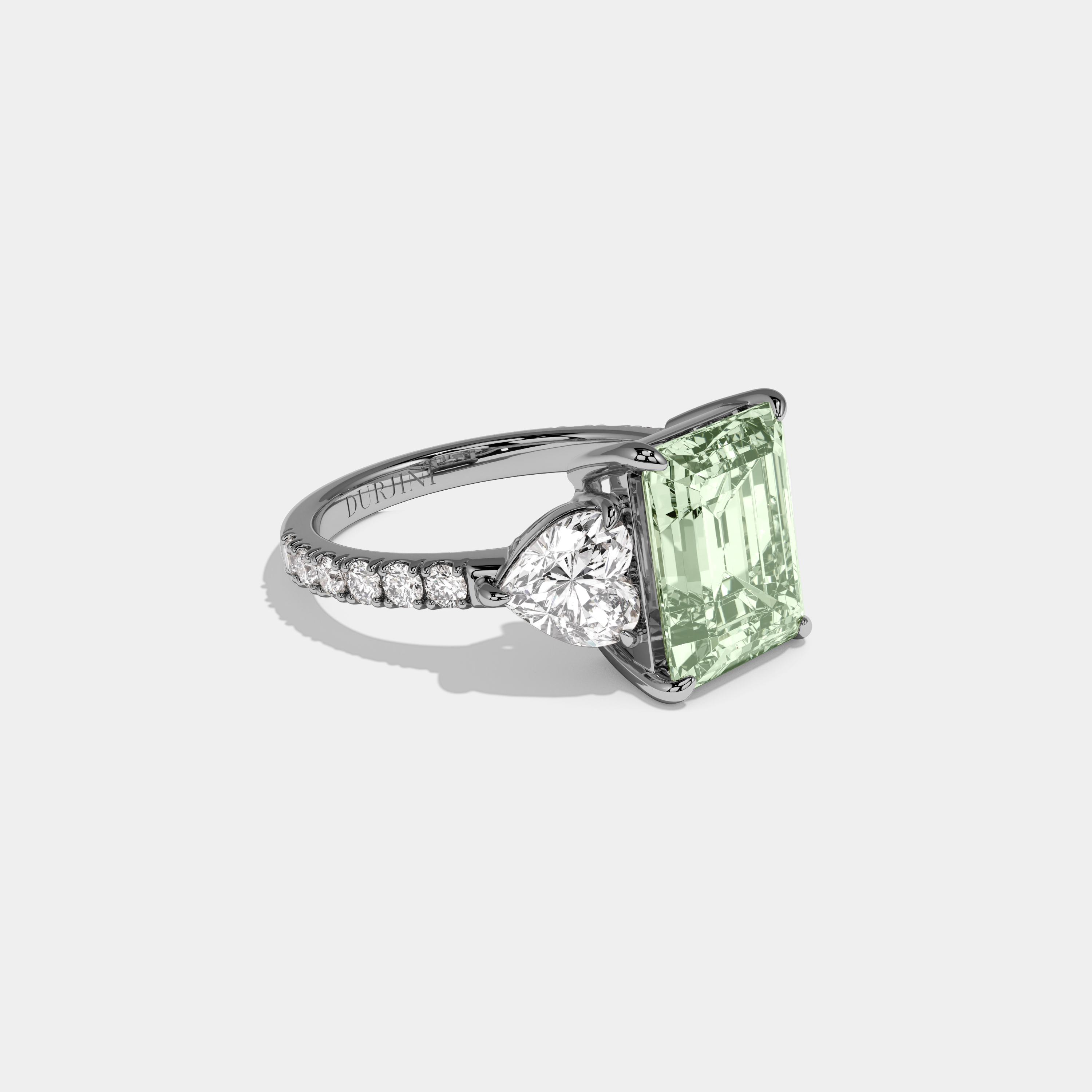 Alice Fancy Light Green Emerald Cut Diamond Band With Heart Cut Sides Engagement Ring 8ct 18K White Gold