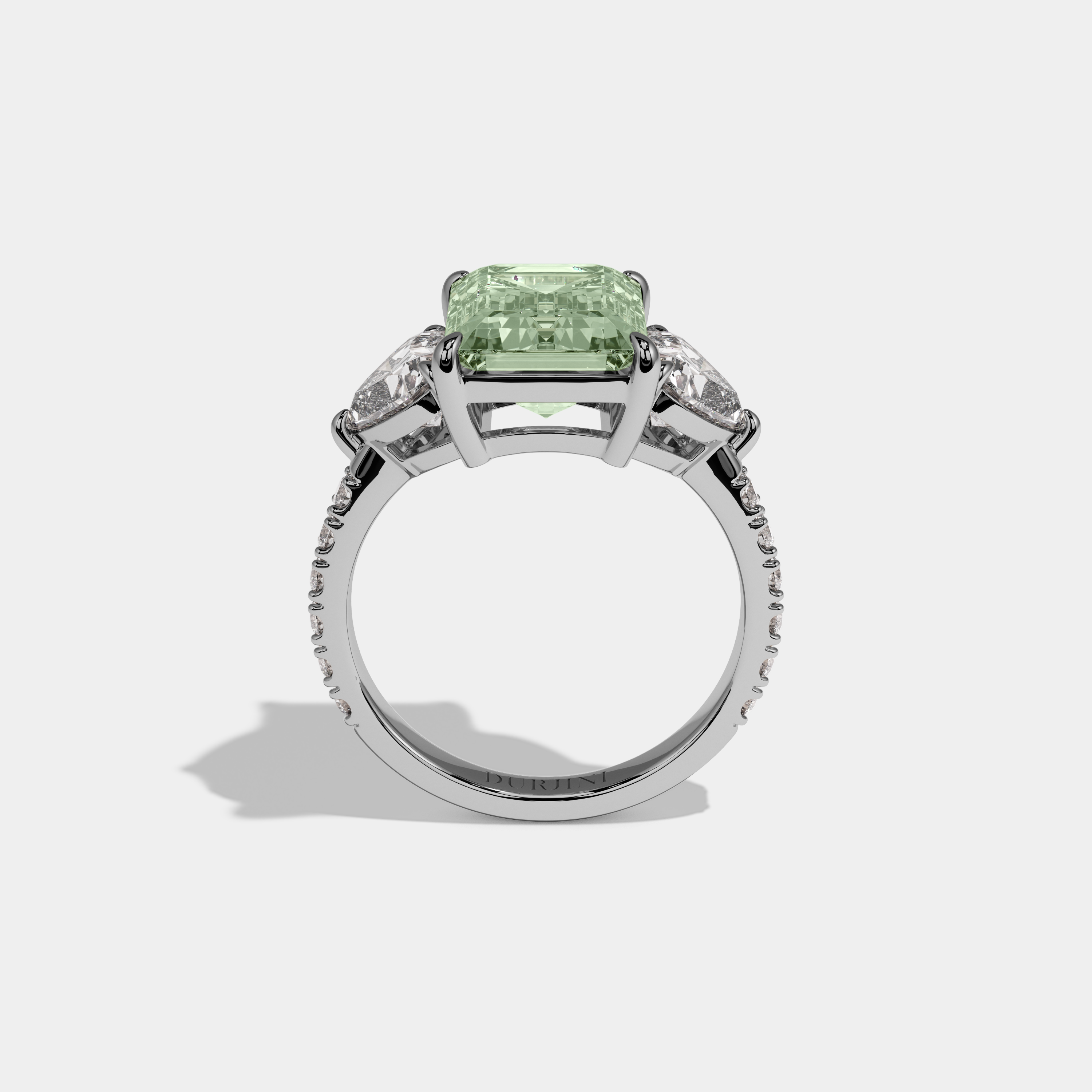 Alice Fancy Light Green Emerald Cut Diamond Band With Heart Cut Sides Engagement Ring 8ct 18K White Gold