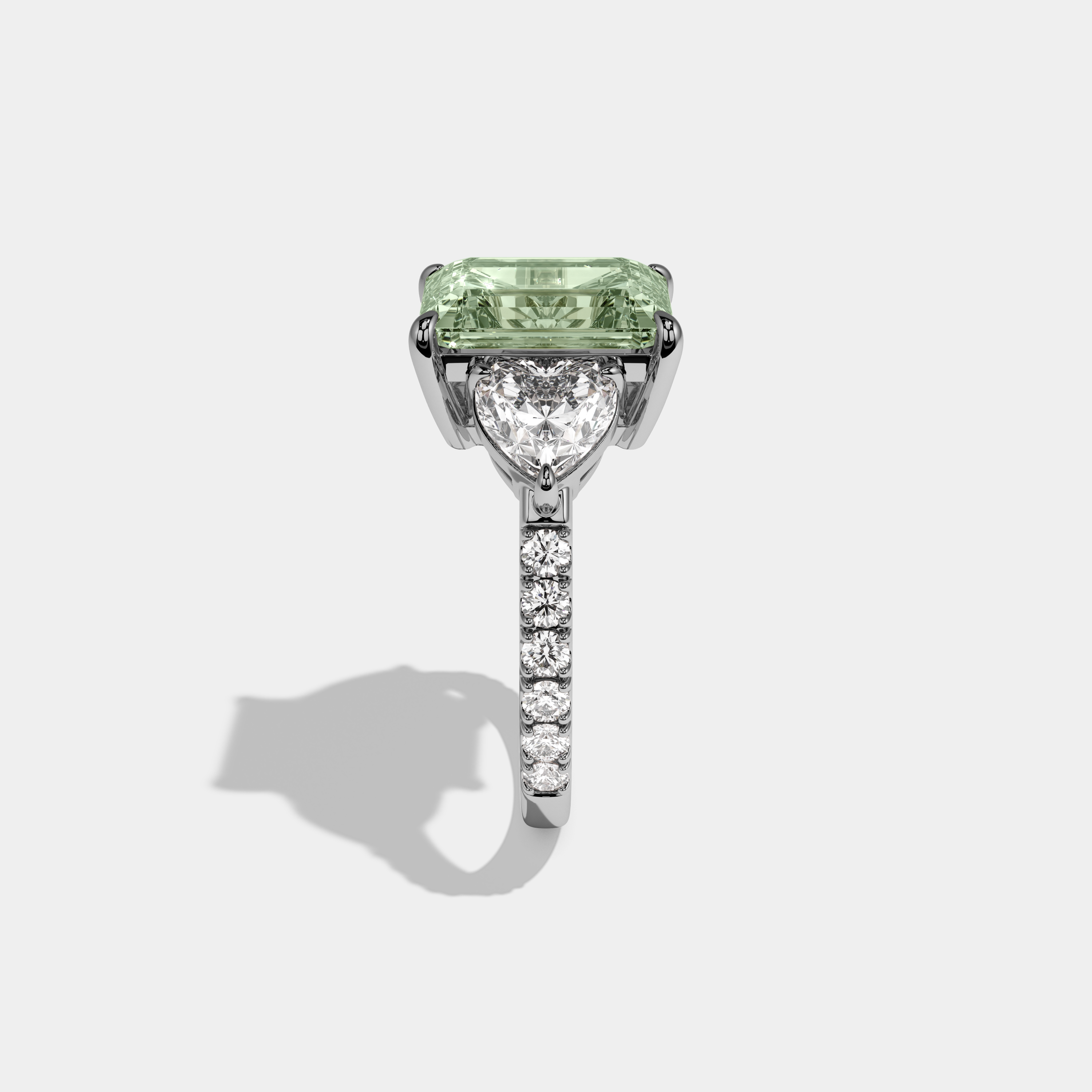Alice Fancy Light Green Emerald Cut Diamond Band With Heart Cut Sides Engagement Ring 8ct 18K White Gold