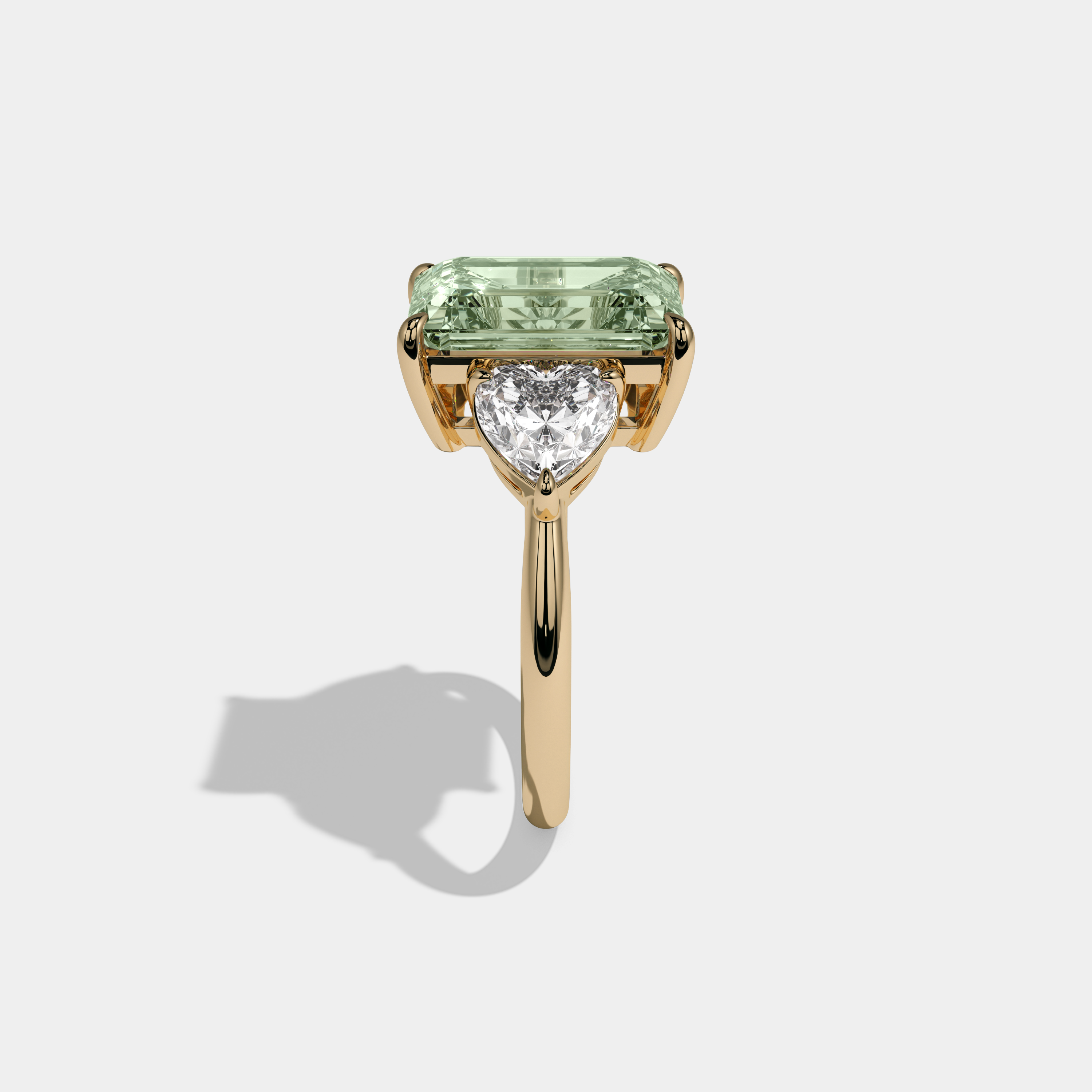 Adelaide Fancy Light Green Emerald Cut Diamond Plain Band With Heart Cut Sides Engagement Ring 8ct 18K Yellow Gold