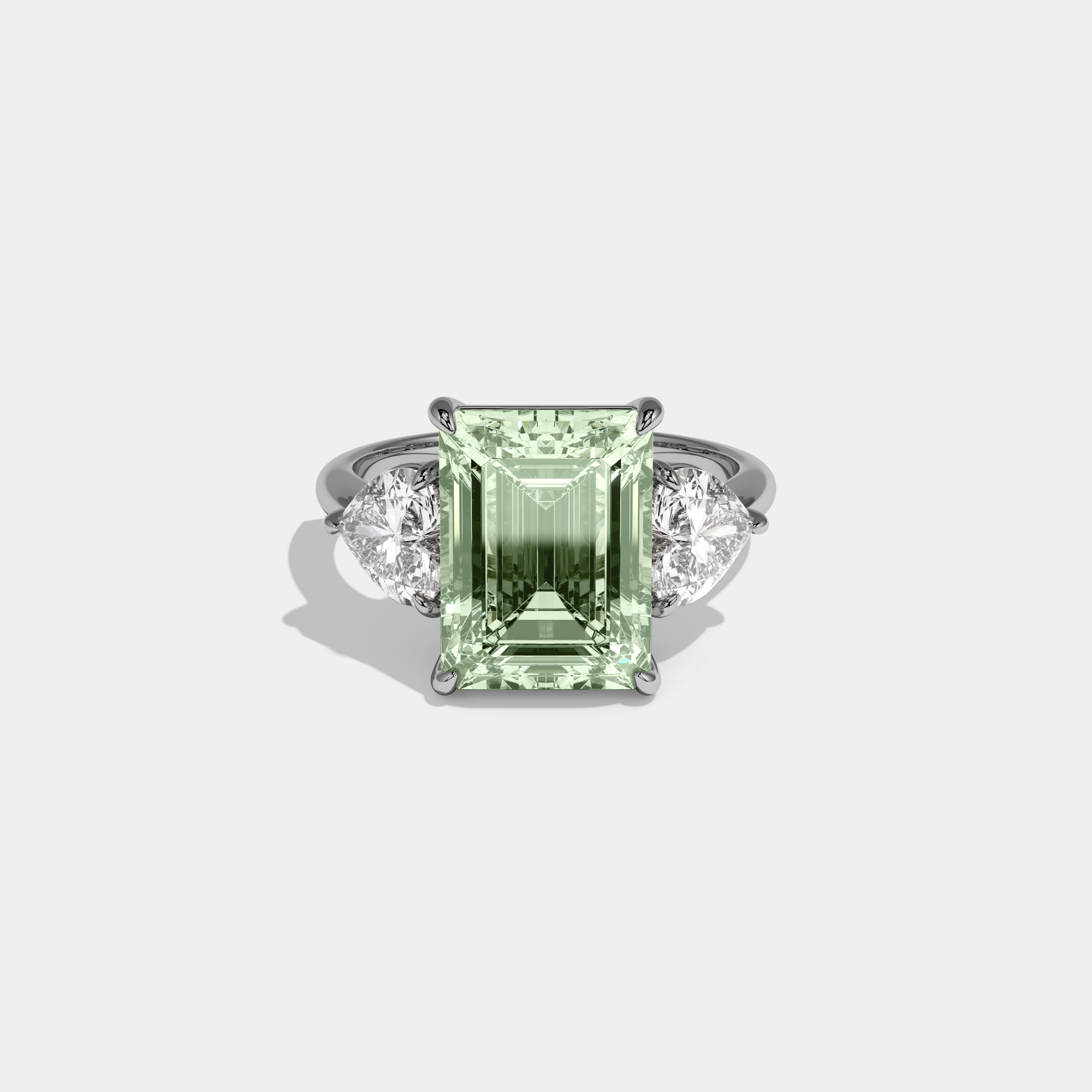 Alice Fancy Light Green Emerald Cut Diamond Plain Band With Heart Cut Sides Engagement Ring 8ct 18K White Gold