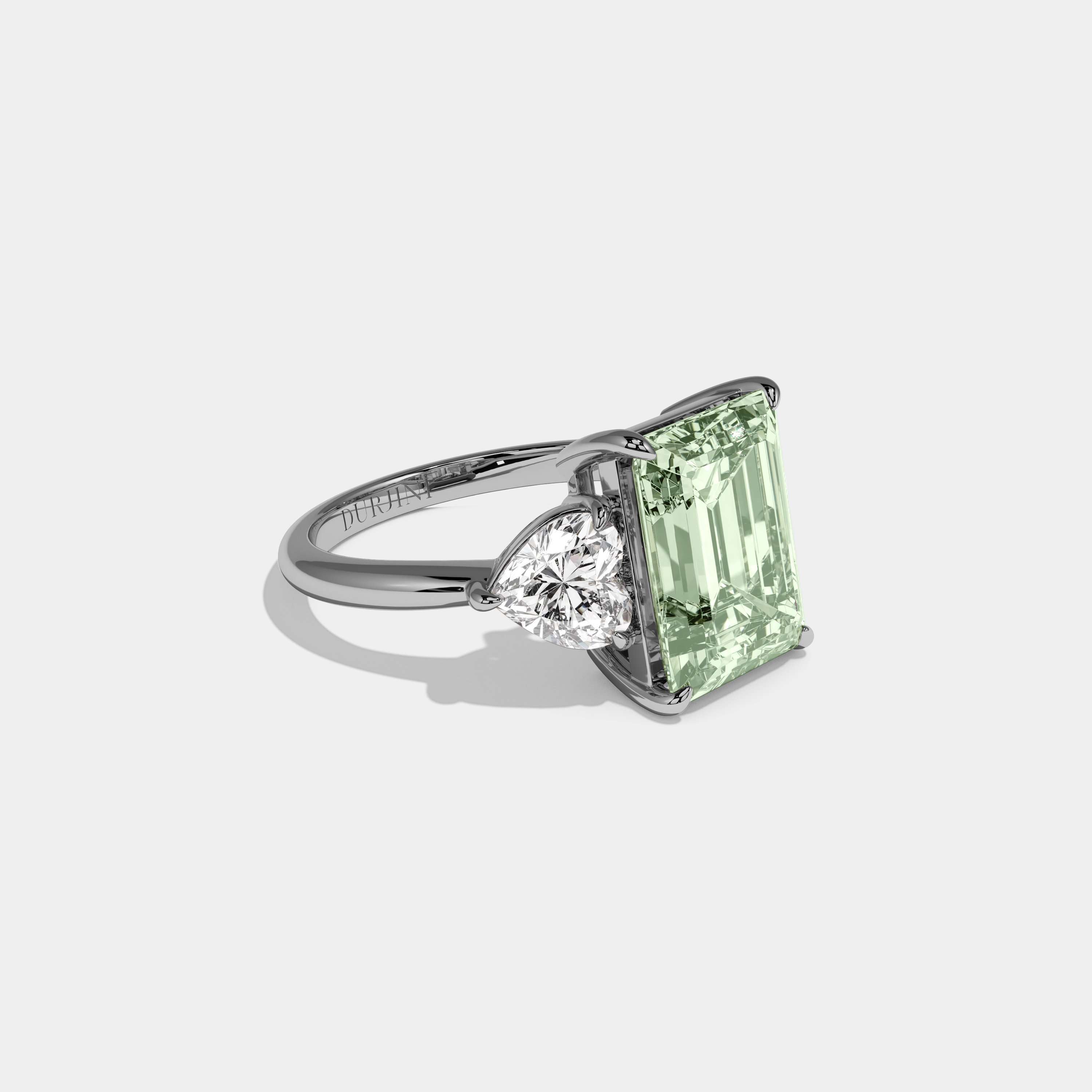 Alice Fancy Light Green Emerald Cut Diamond Plain Band With Heart Cut Sides Engagement Ring 8ct 18K White Gold