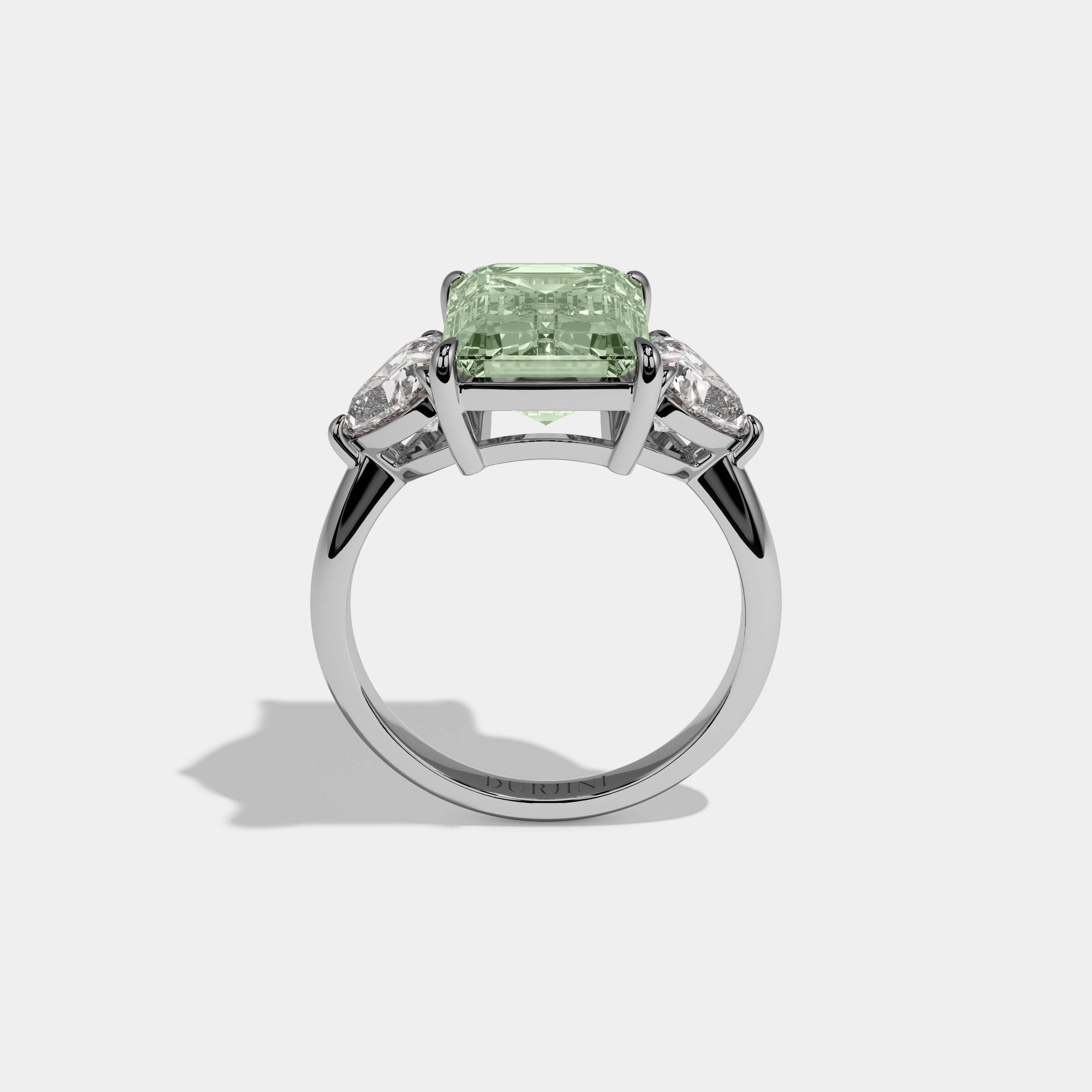 Alice Fancy Light Green Emerald Cut Diamond Plain Band With Heart Cut Sides Engagement Ring 8ct 18K White Gold