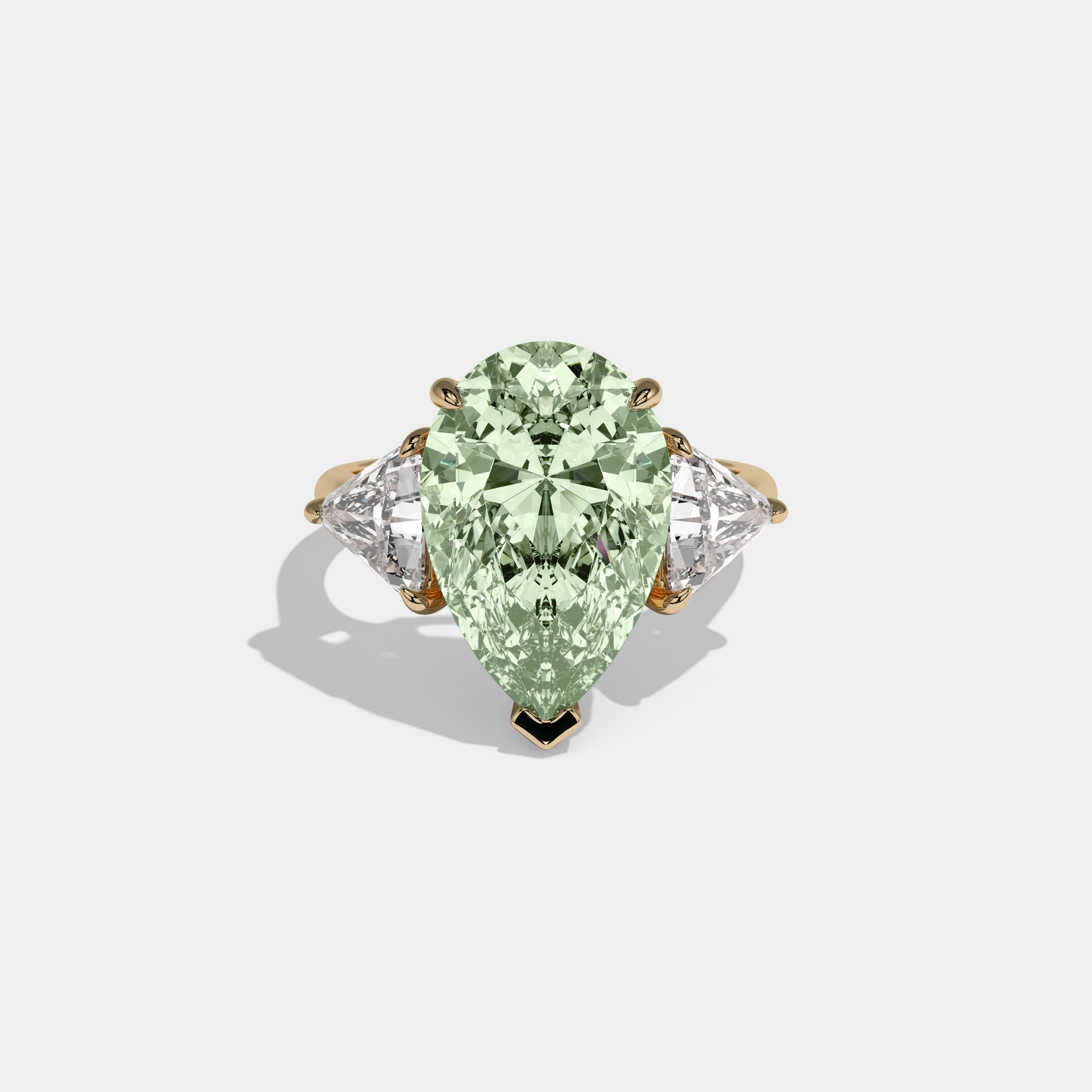 Alice Fancy Light Green Pear Cut Diamond Plain Band With Triangle Cut Sides Engagement Ring 8ct 18K Yellow Gold